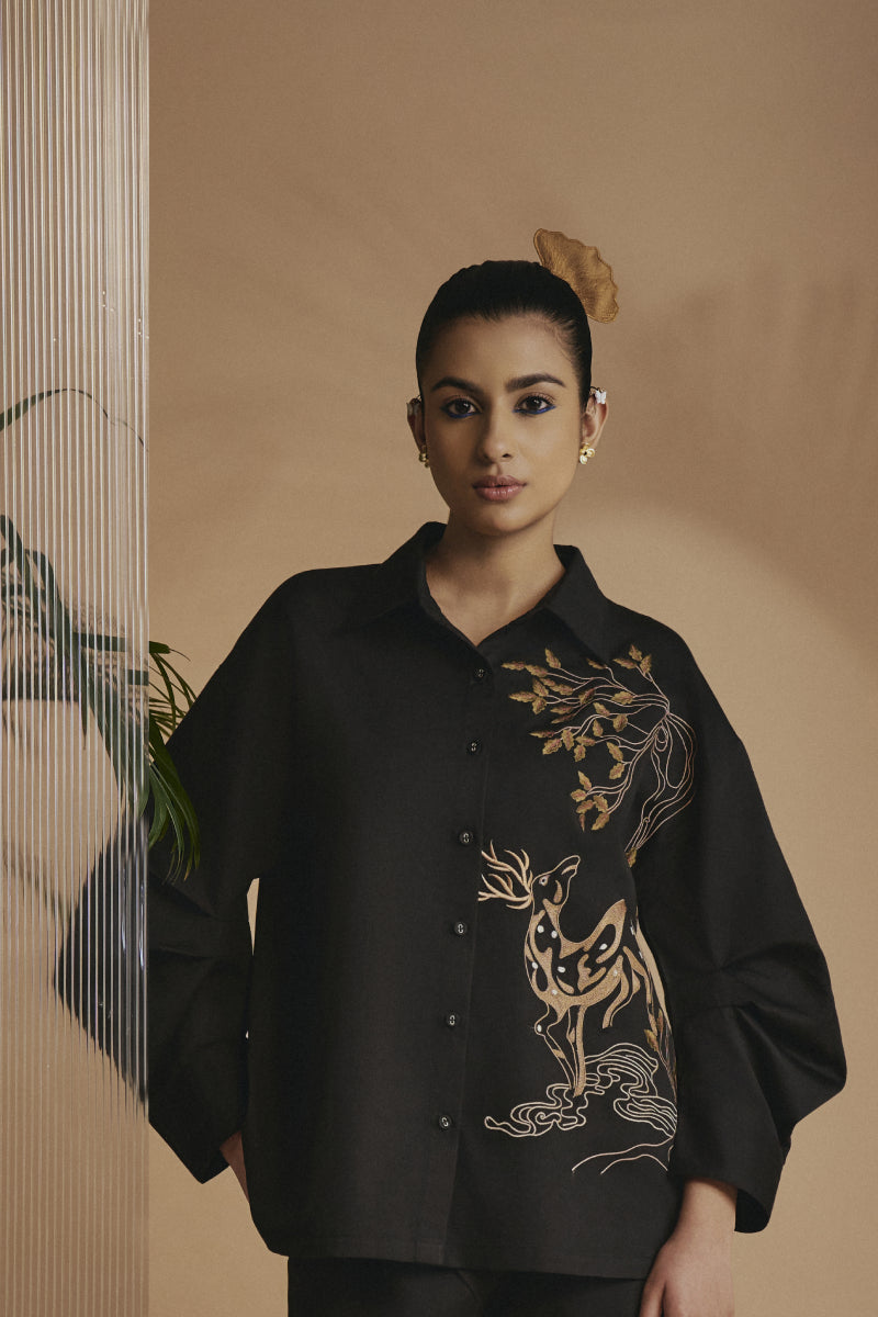 Origani Black Deer In Bloom Shirt