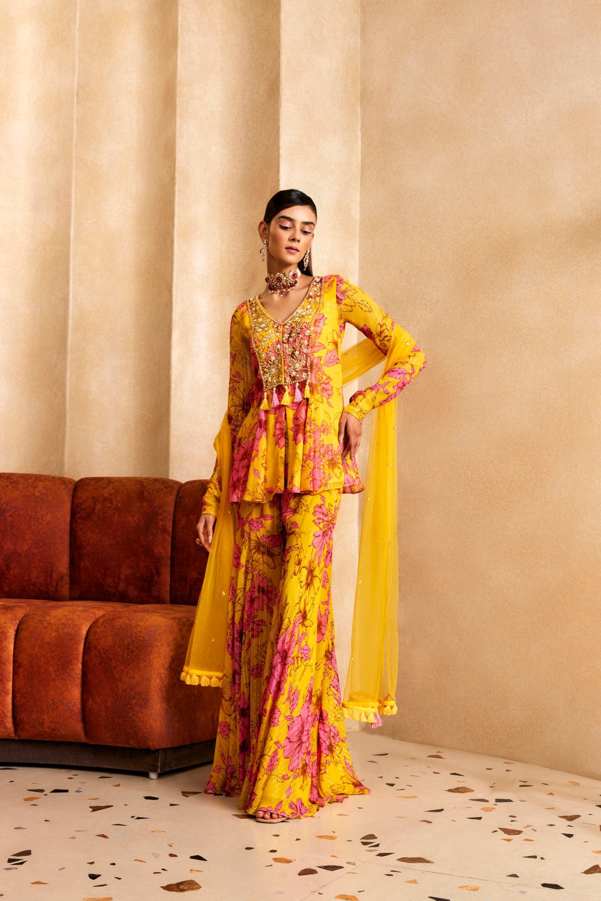 Yellow Floral Print A-Line Kurta Set