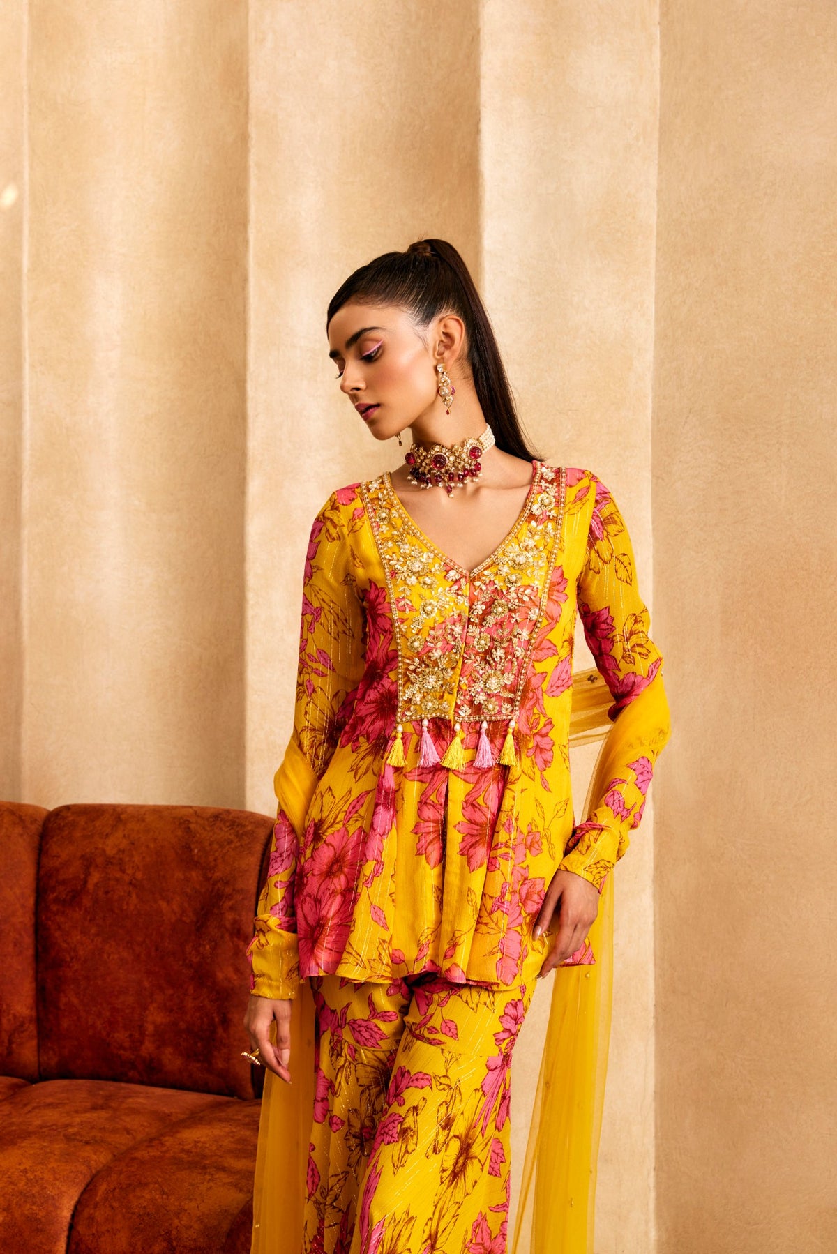 Yellow Floral Print A-Line Kurta Set