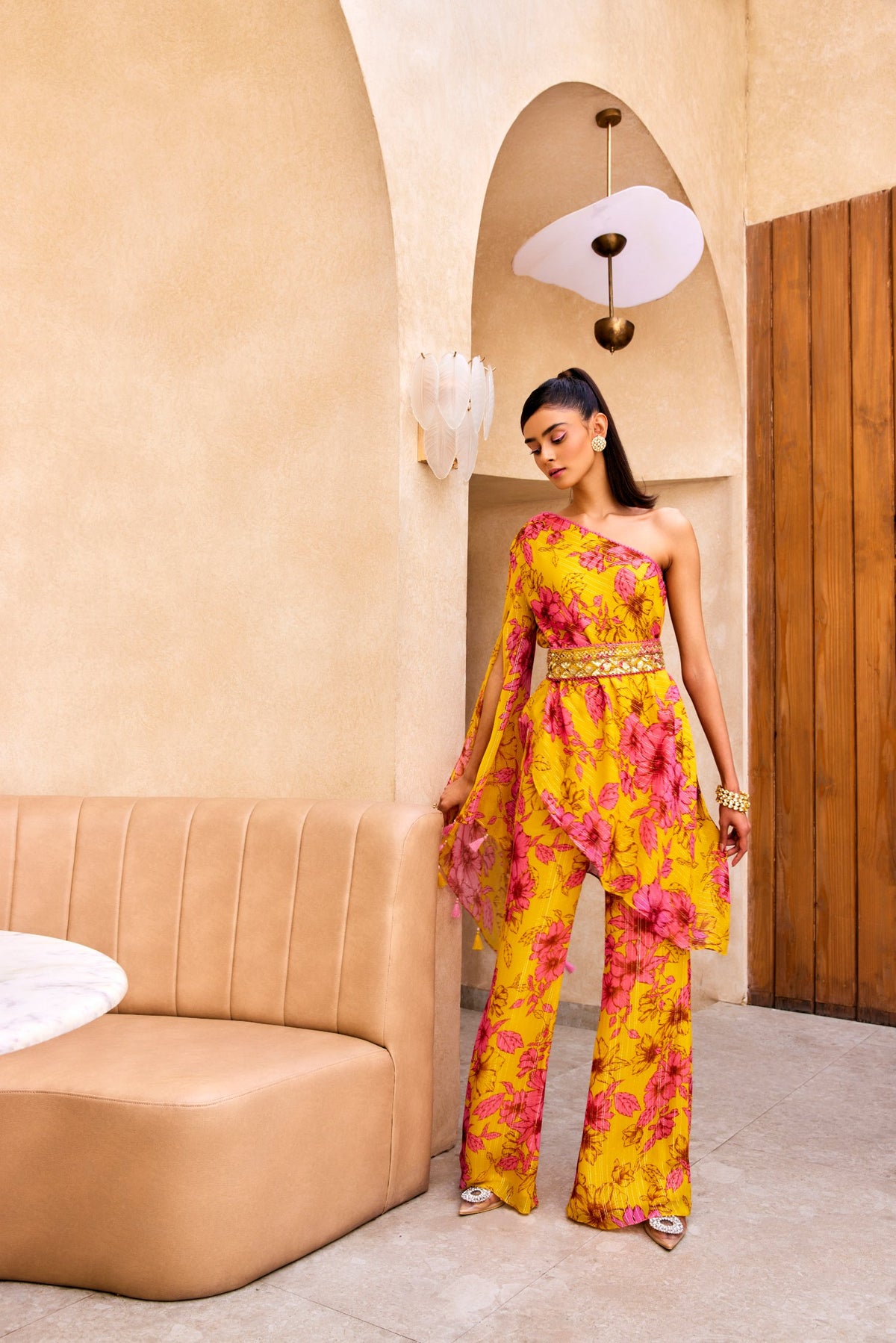 Yellow Floral Print One Shoulder Kurta Pants Set