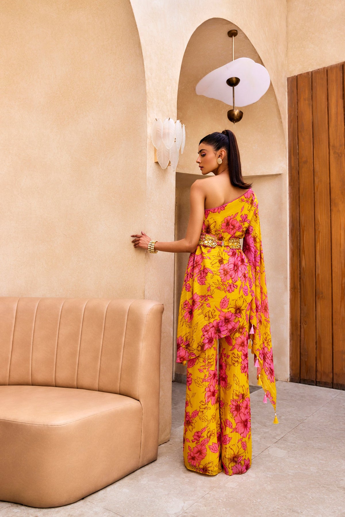 Yellow Floral Print One Shoulder Kurta Pants Set