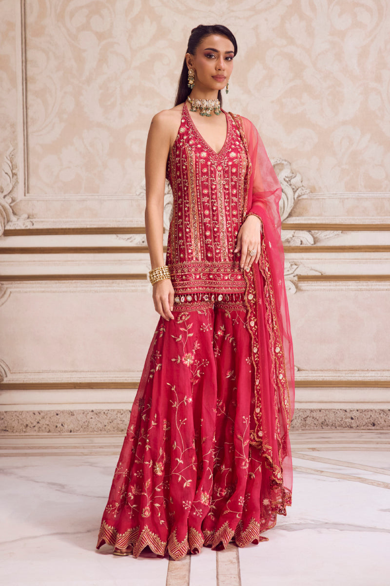 Magenta Halter Neck Kurta And Sharara
