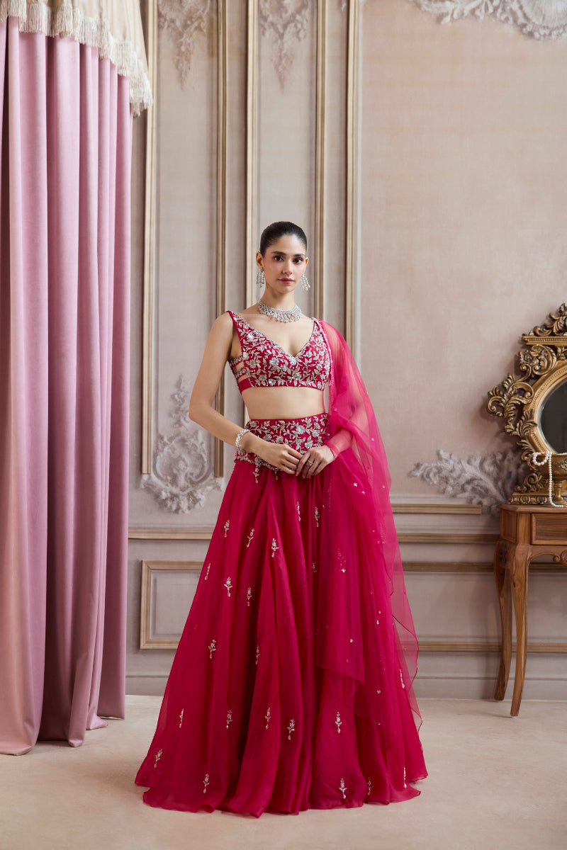 Magenta Organza Lehenga With Embroidered Belt