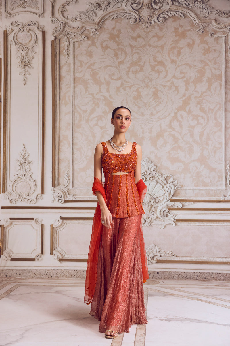 Rust Crushed Tissue Corset And Sharara