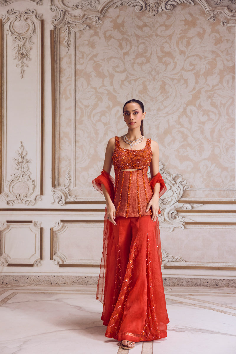 Rust Crushed Tissue Corset With Organza Sharara