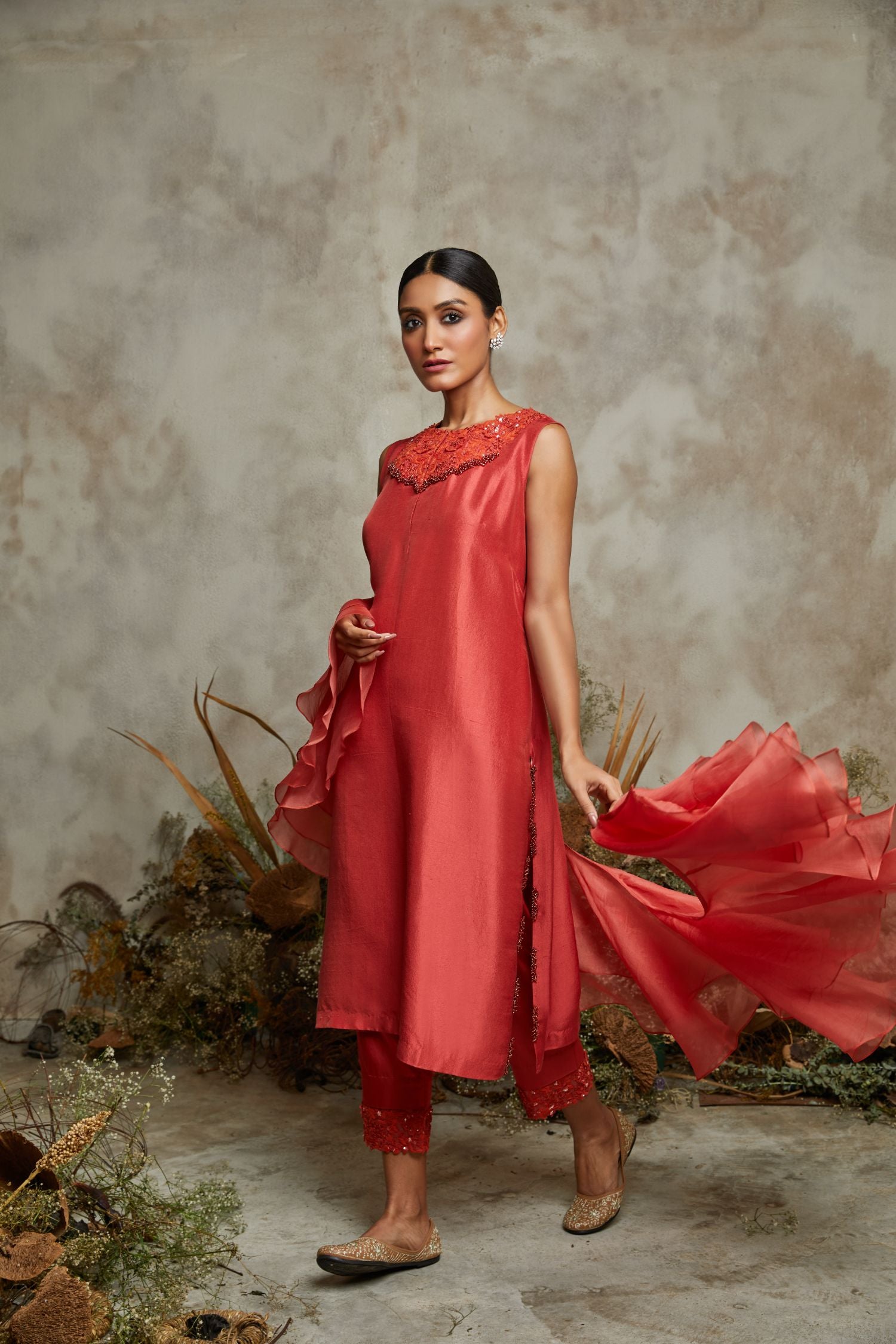Silk Kurta With Cotton Satan Pants And Organga Ruffle Dupatta
