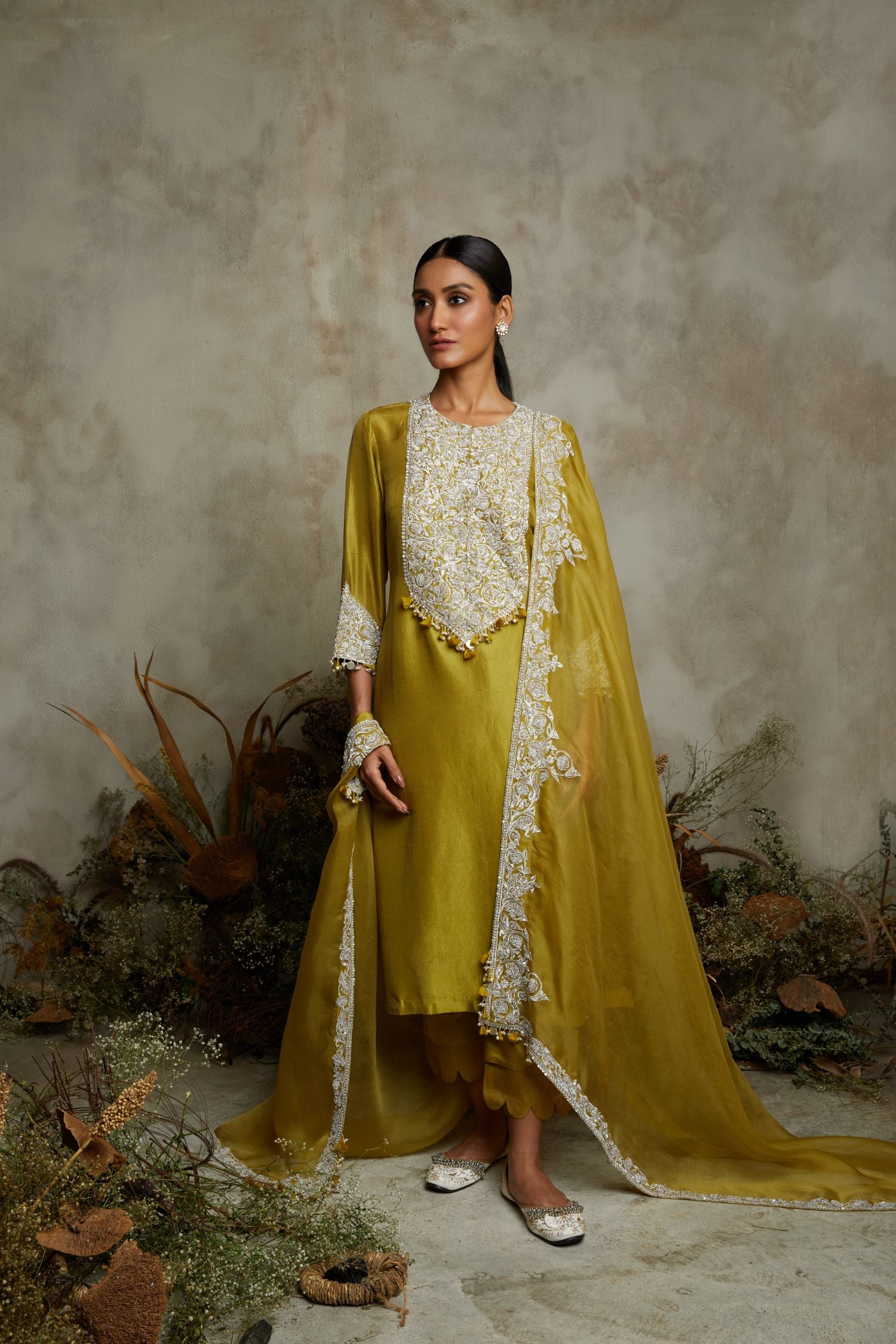 Silk Kurta With Organza Dupatta And Cotton Satin Pants