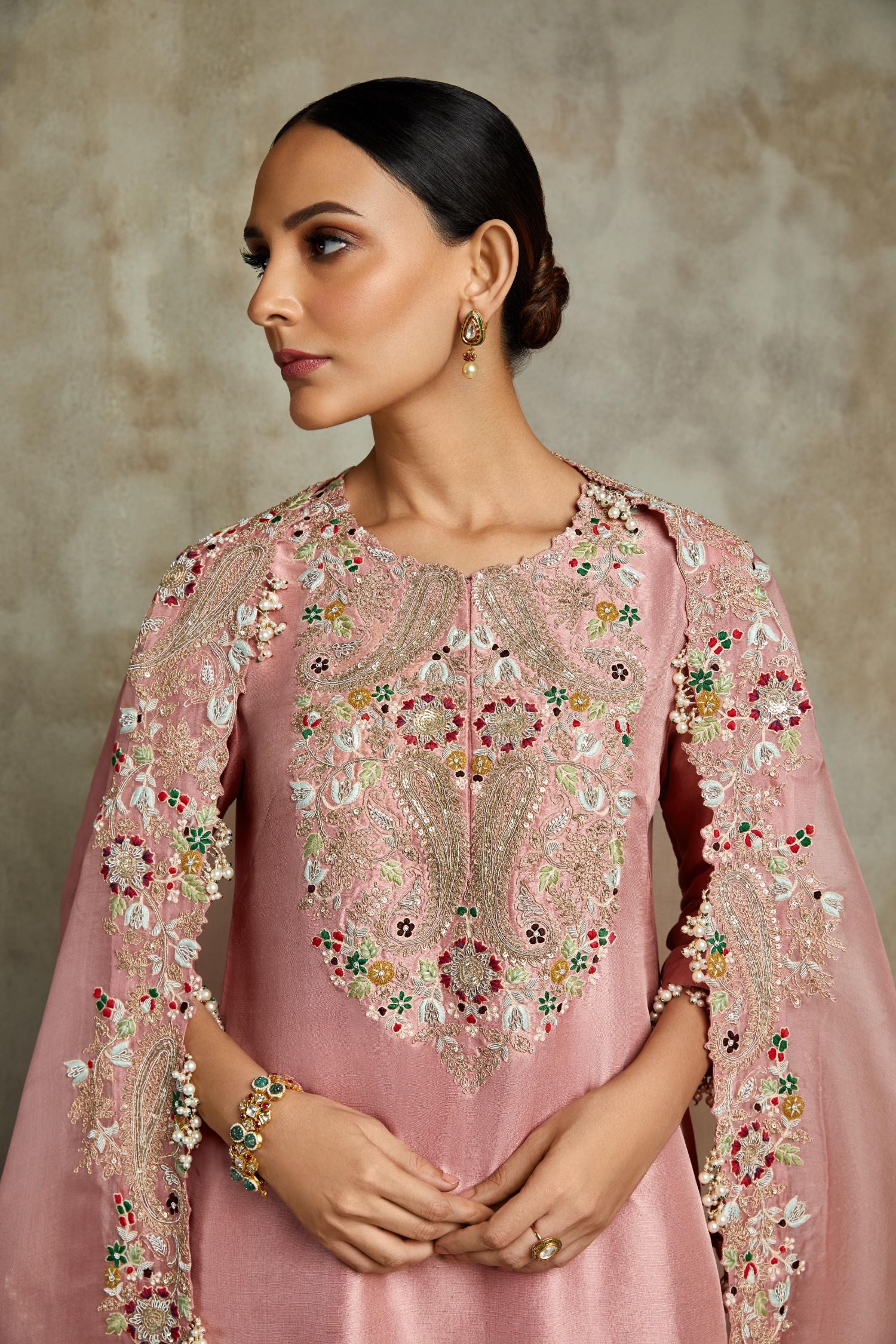 Silk Kurta With Organza Cape And Sharara