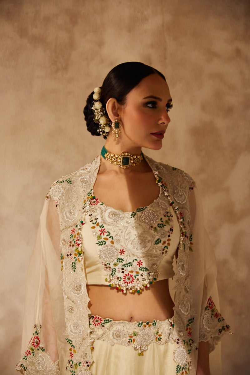 Silk Bouse With Organza Cape And Lehenga