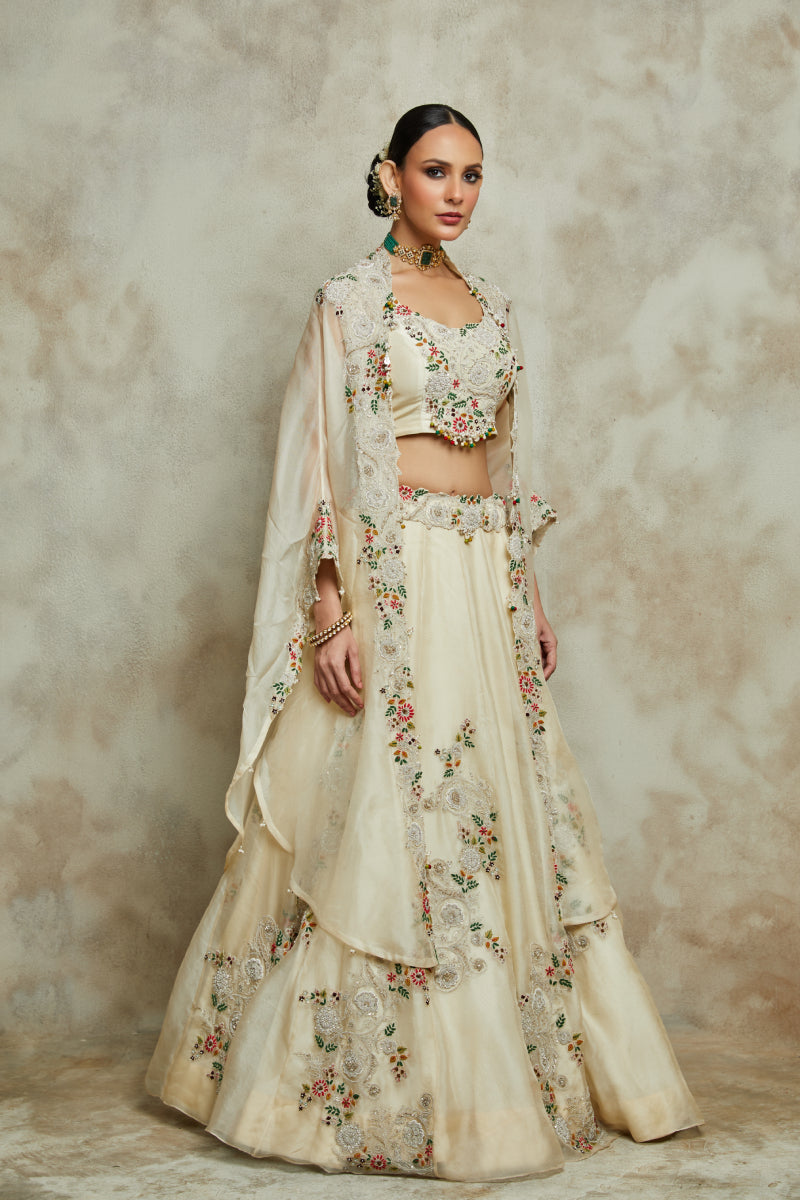 Silk Bouse With Organza Cape And Lehenga