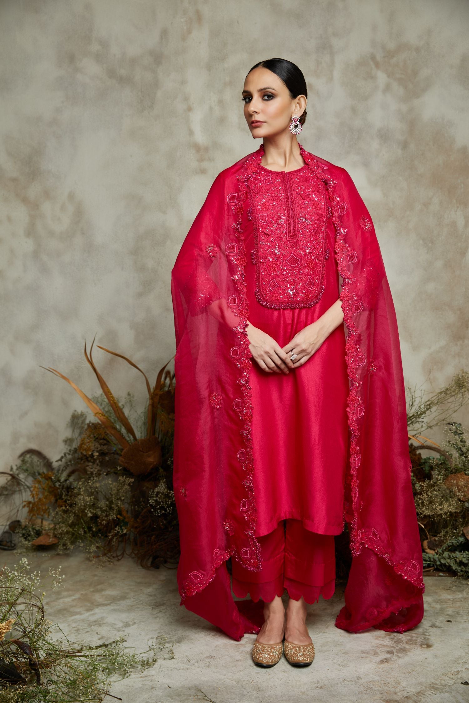 Silk Kurta With Organza Dupatta And Cotton Satin Pants