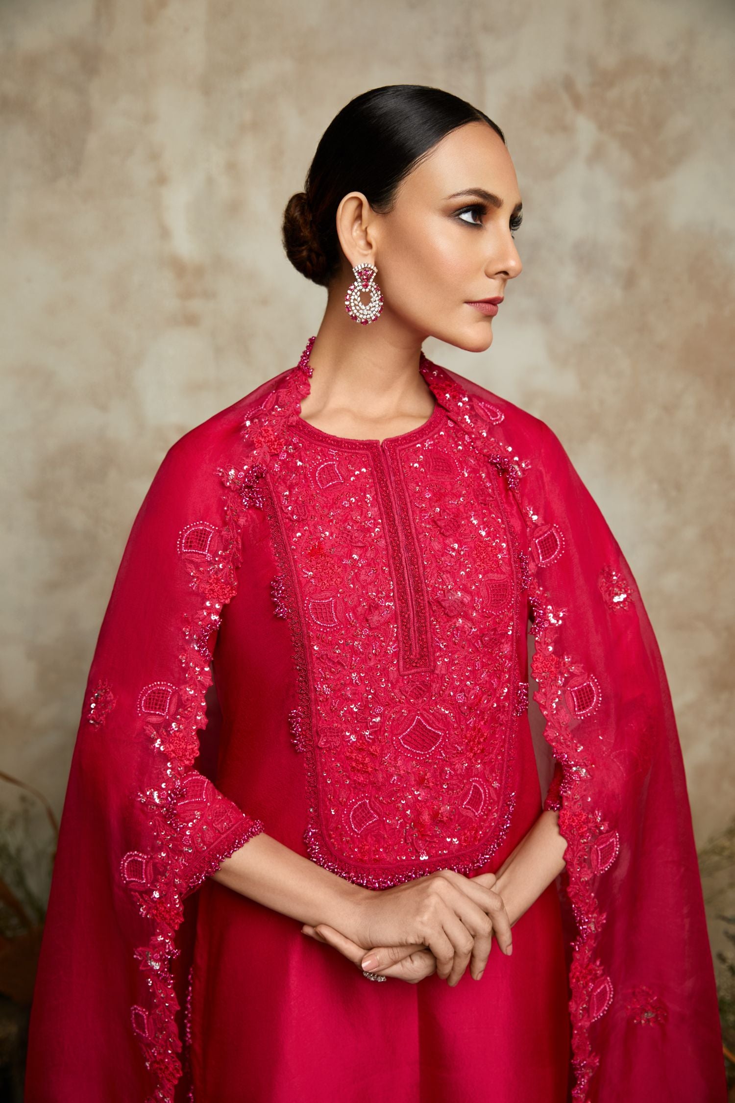 Silk Kurta With Organza Dupatta And Cotton Satin Pants