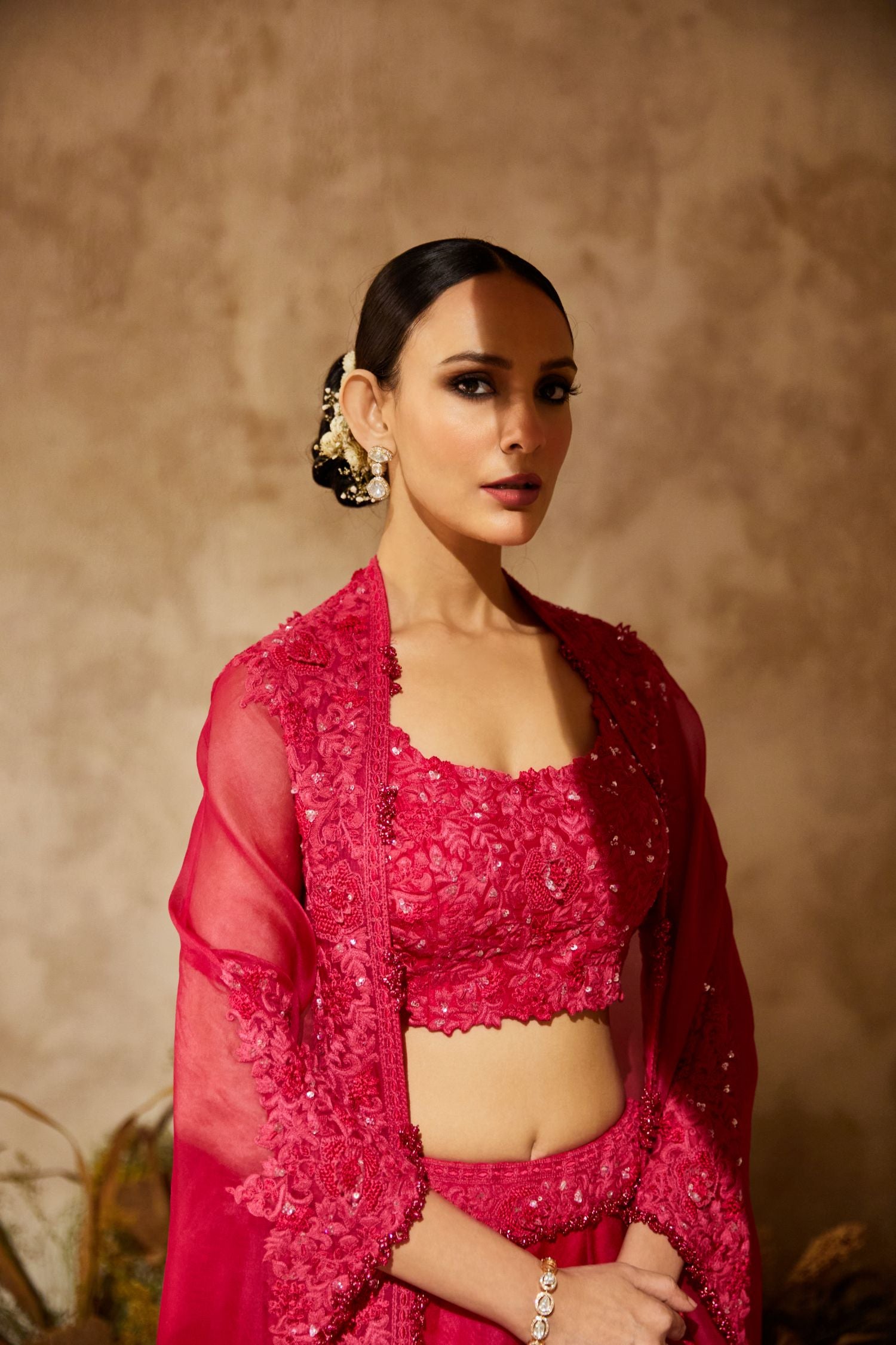 Silk Blouse With Organza Cape And Lehenga