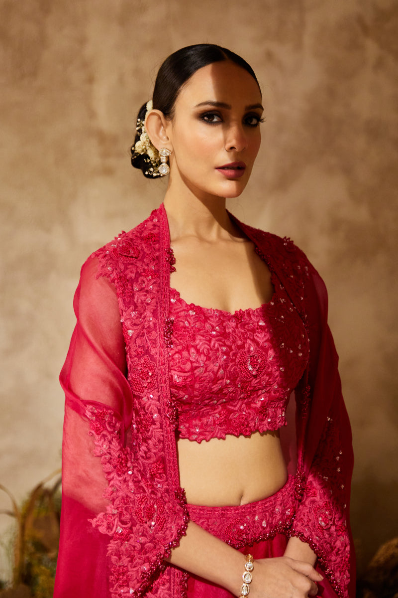 Silk Blouse With Organza Cape And Lehenga