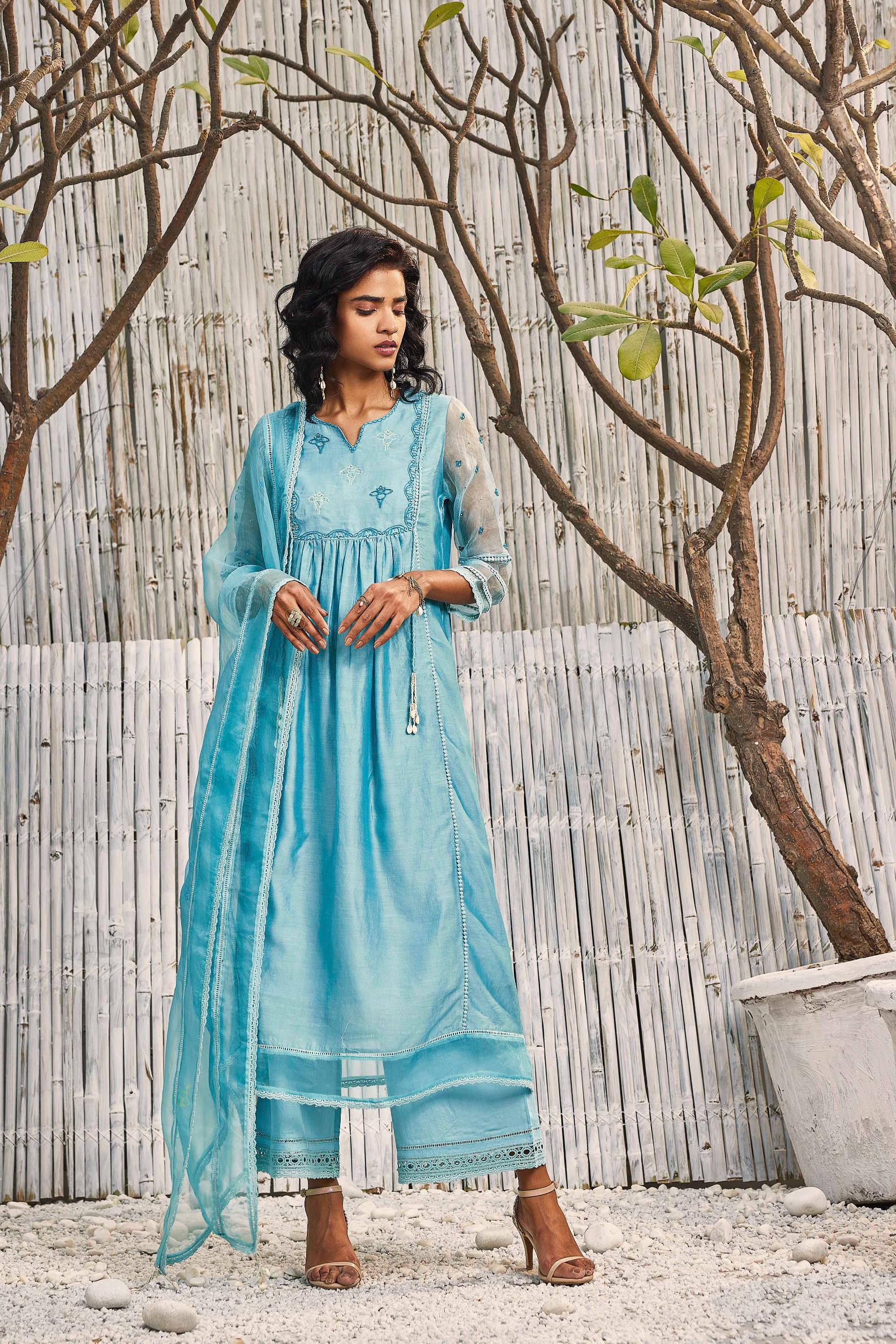 Blue Chanderi Gathered Kurta with Pant - Set of 2