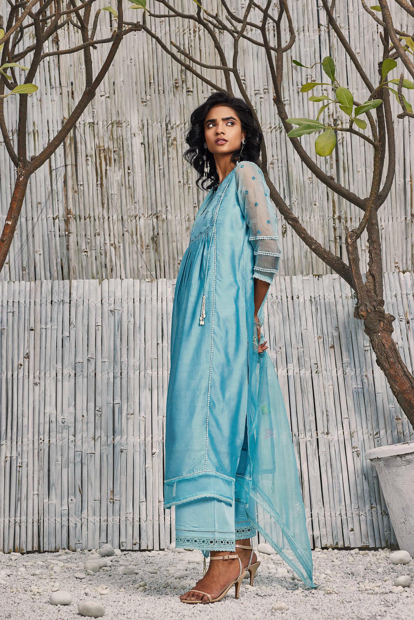 Blue Chanderi Gathered Kurta with Pant - Set of 2