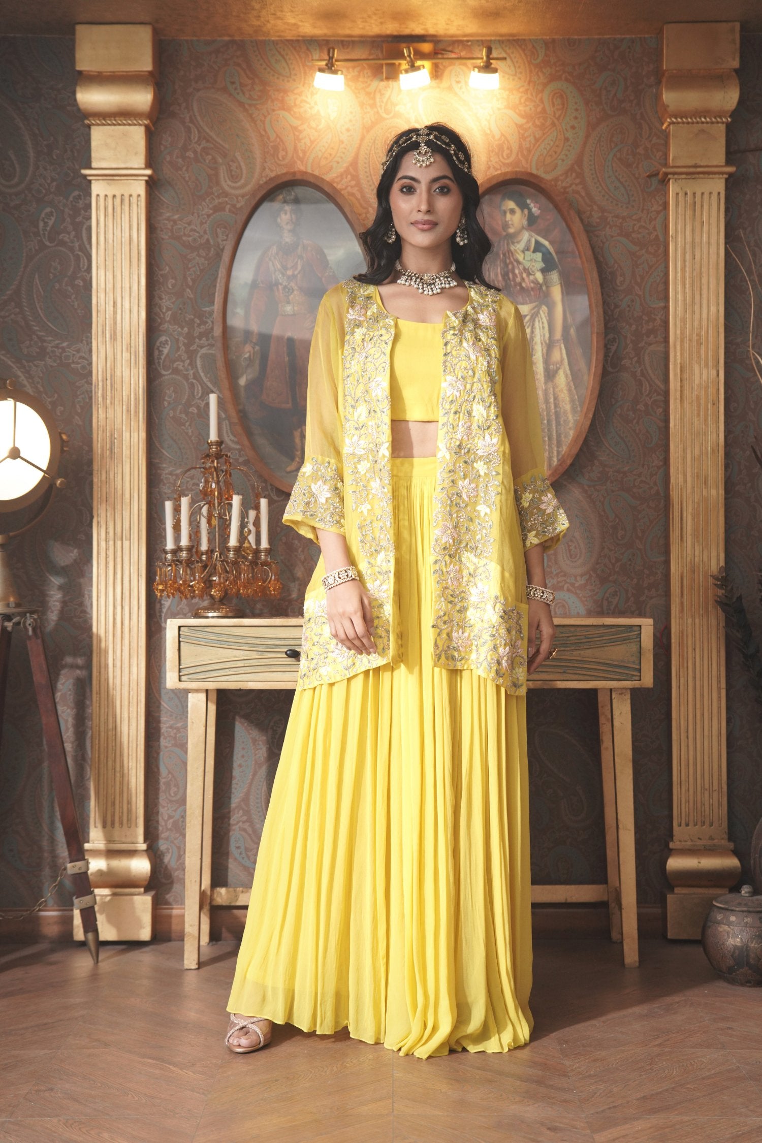 modern sharara dress with jacket Shop Yellow Jacket Sharara Set Online