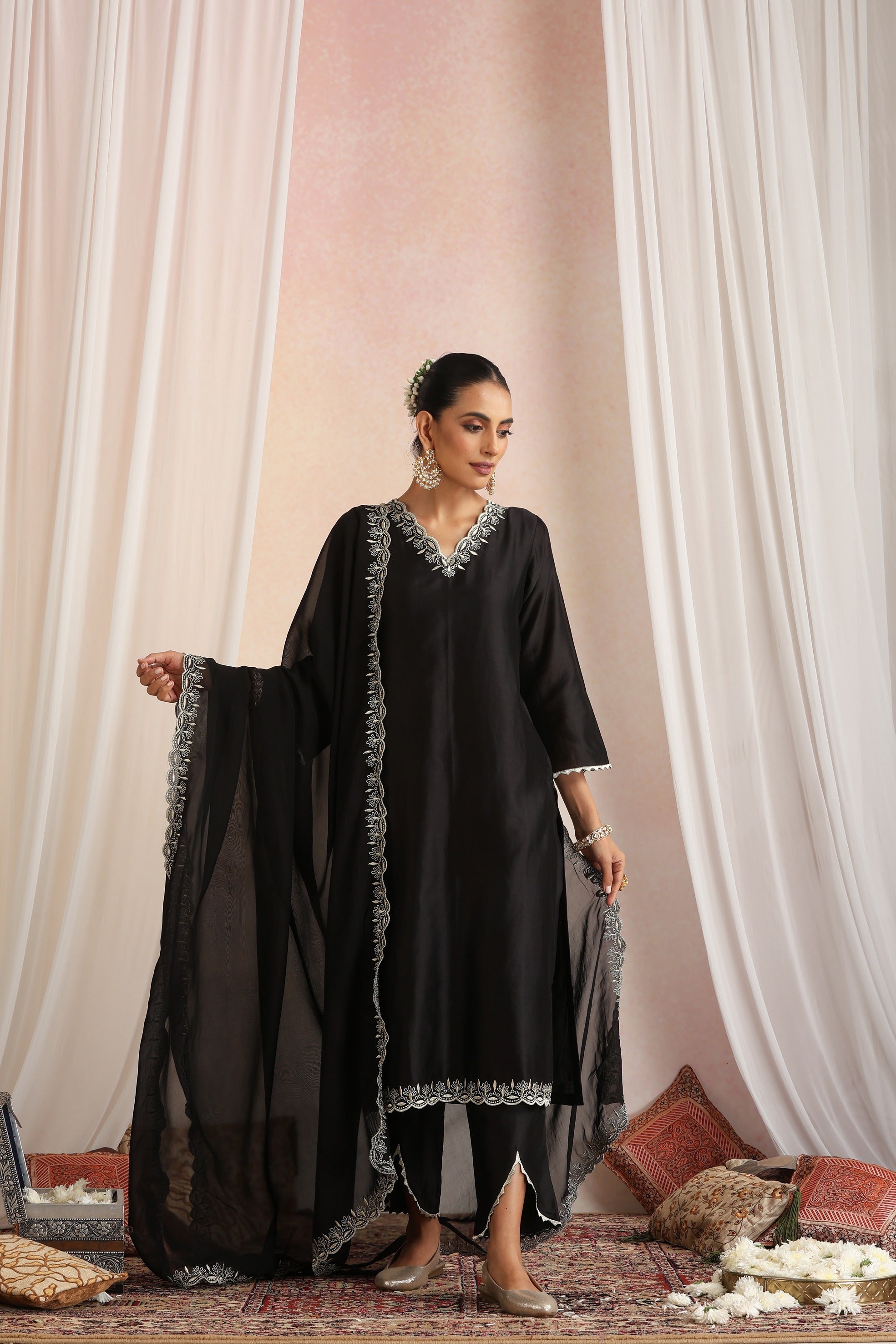Black Embroidered Kurta Set with Dupatta