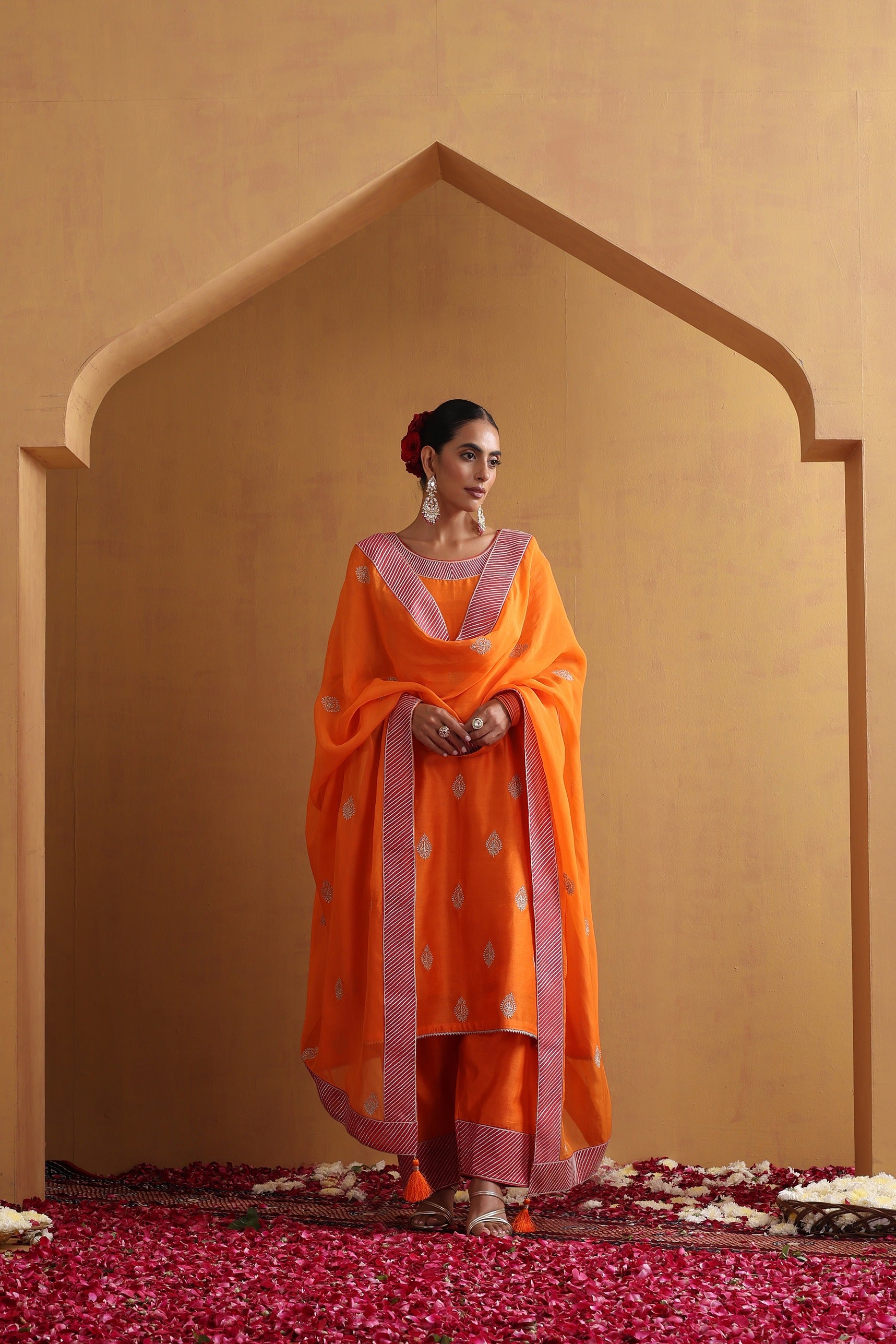 Orange Embroidered Kurta Set with Dupatta