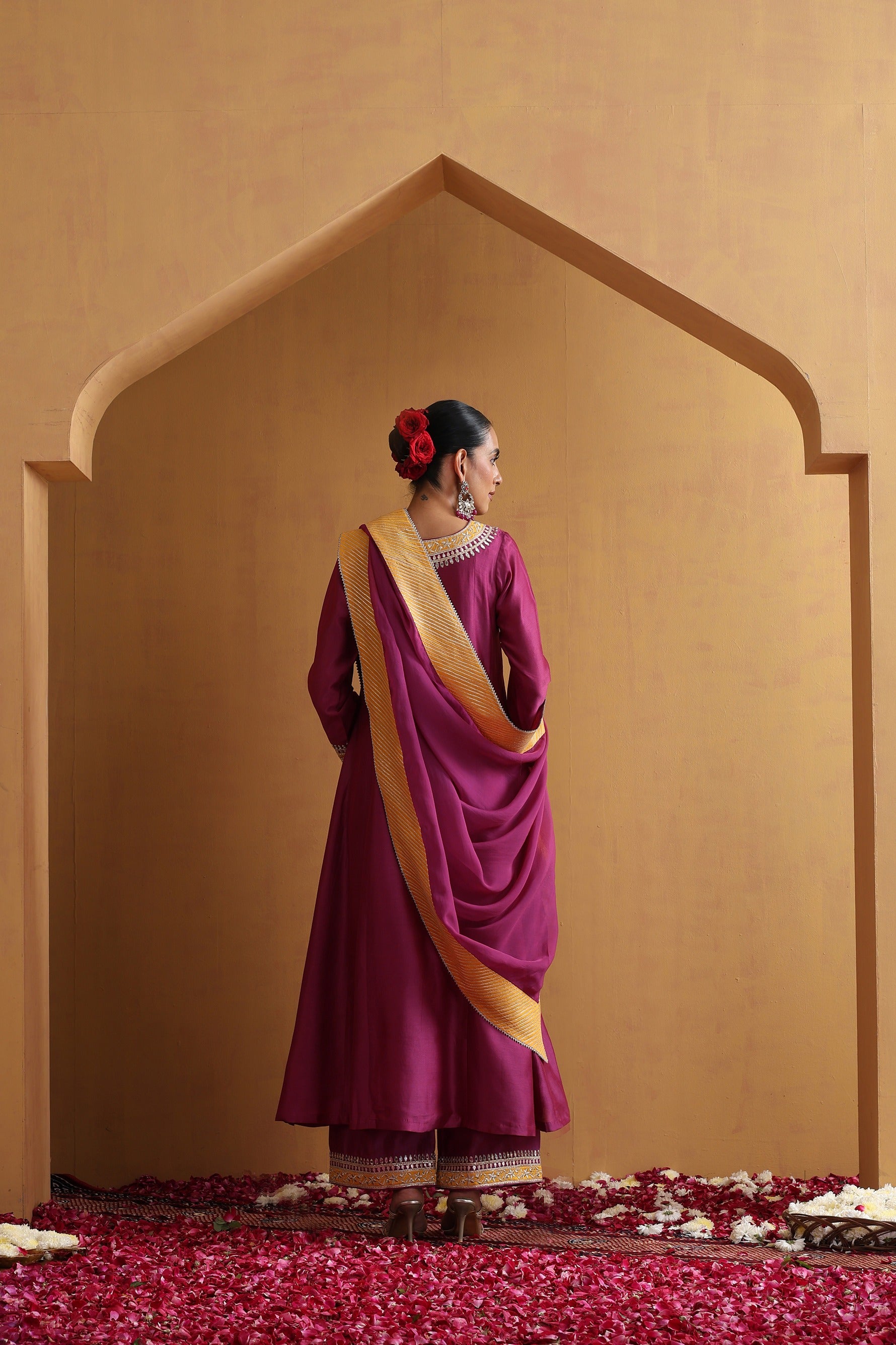 Wine and Yellow Embroidered Kurta Set with Dupatta
