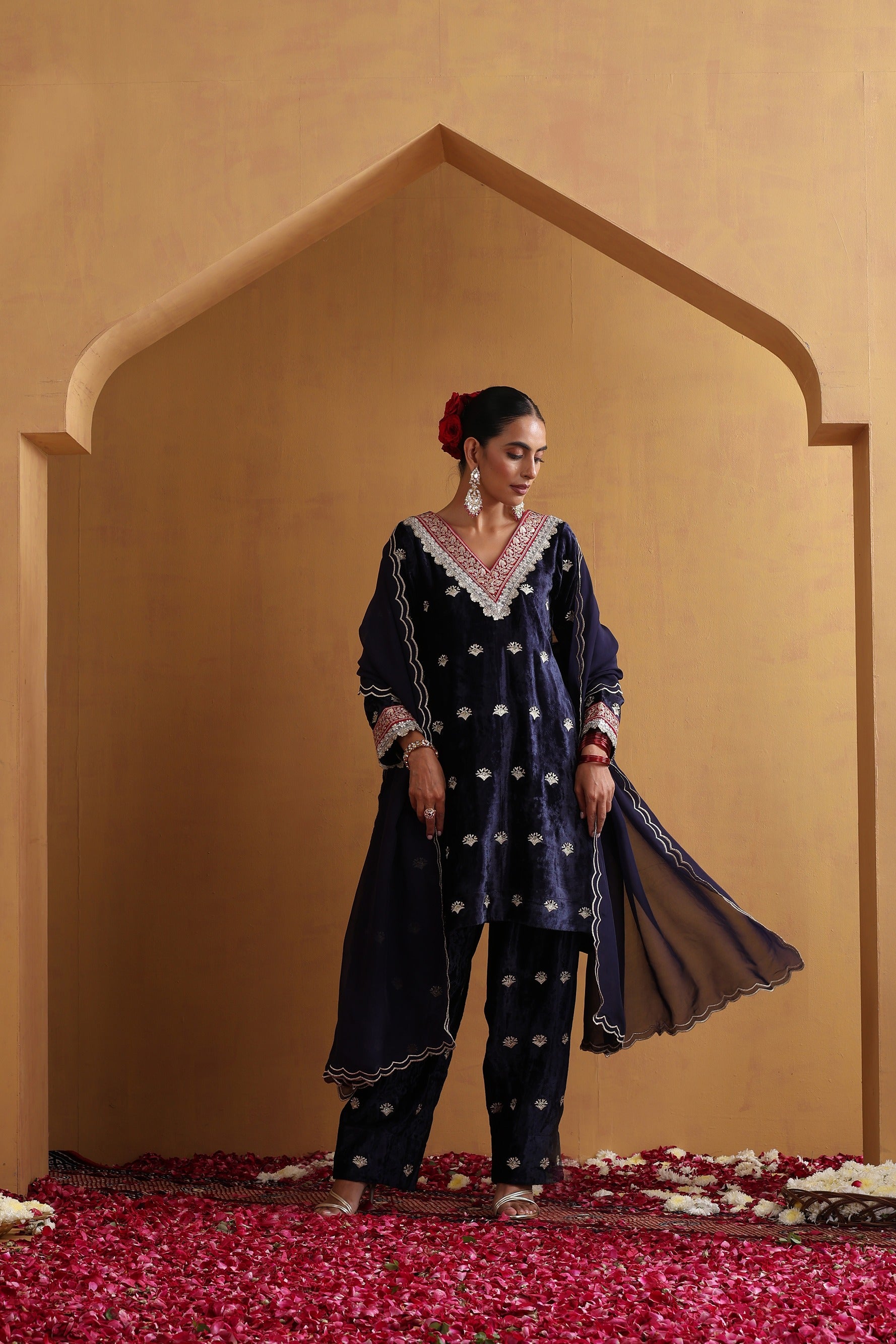 Navy Blue Embroidered Kurta Set with Dupatta
