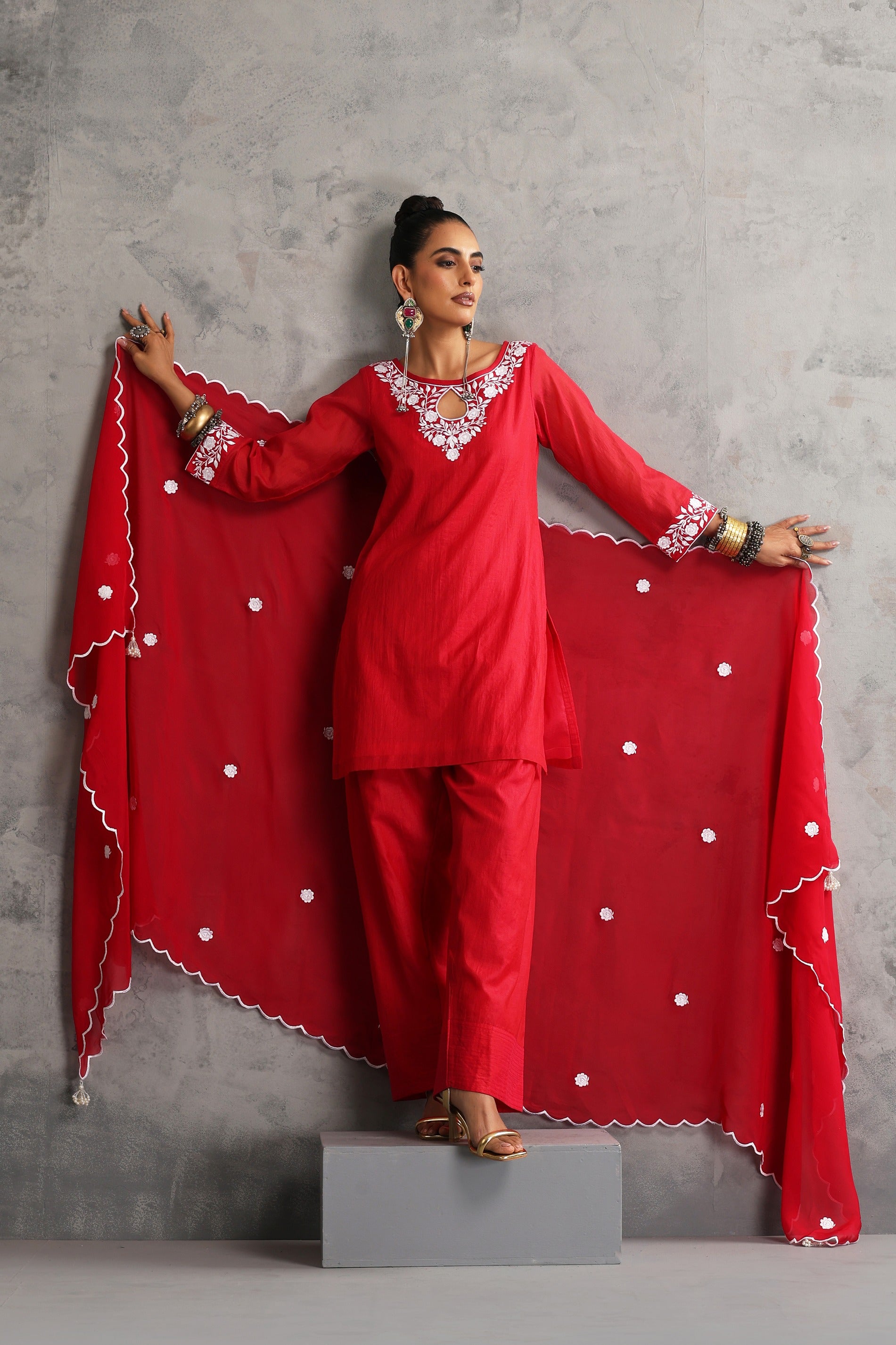 Red Embroidered Kurta Set with Dupatta