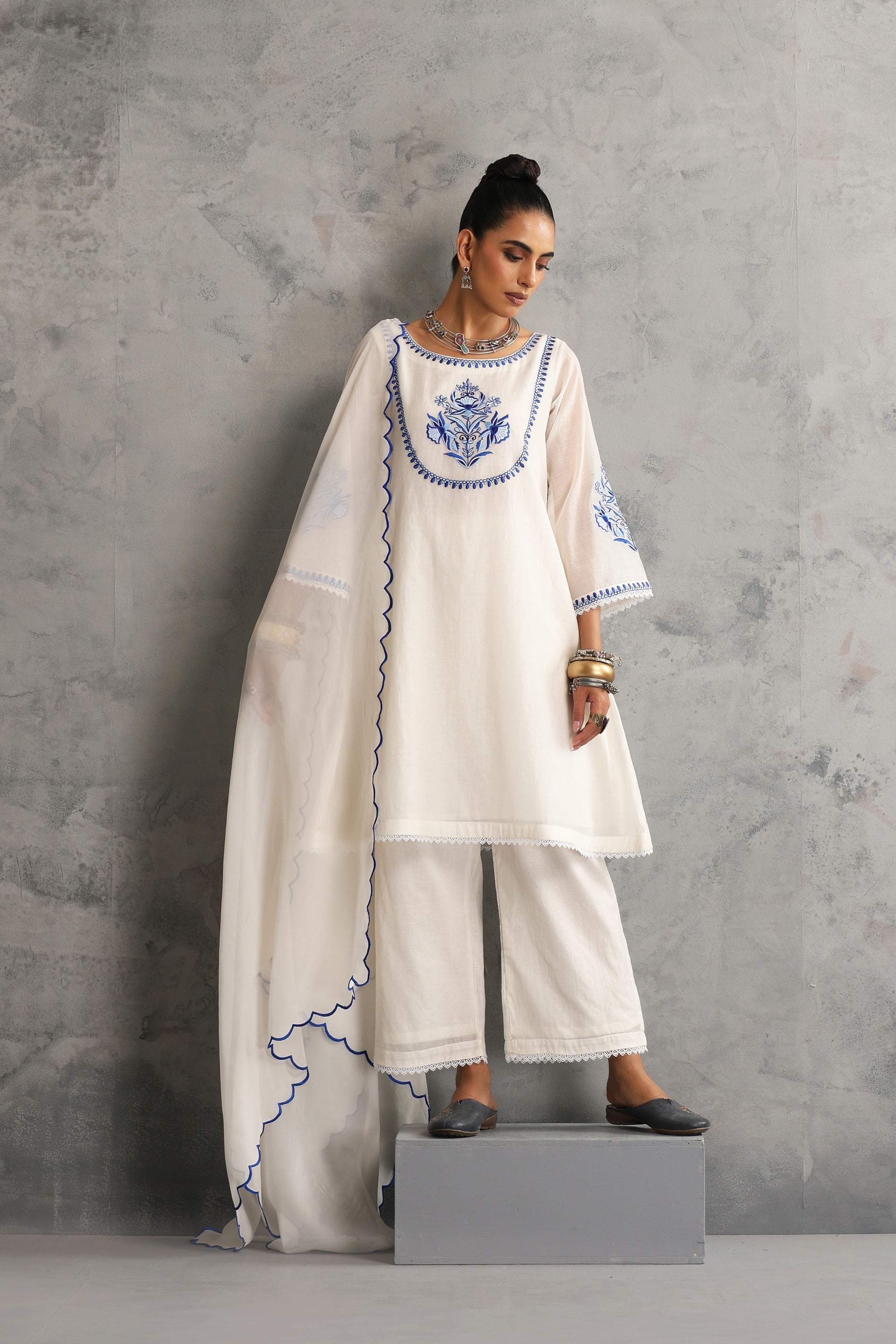 Off White Embroidered Kurta Set with Dupatta
