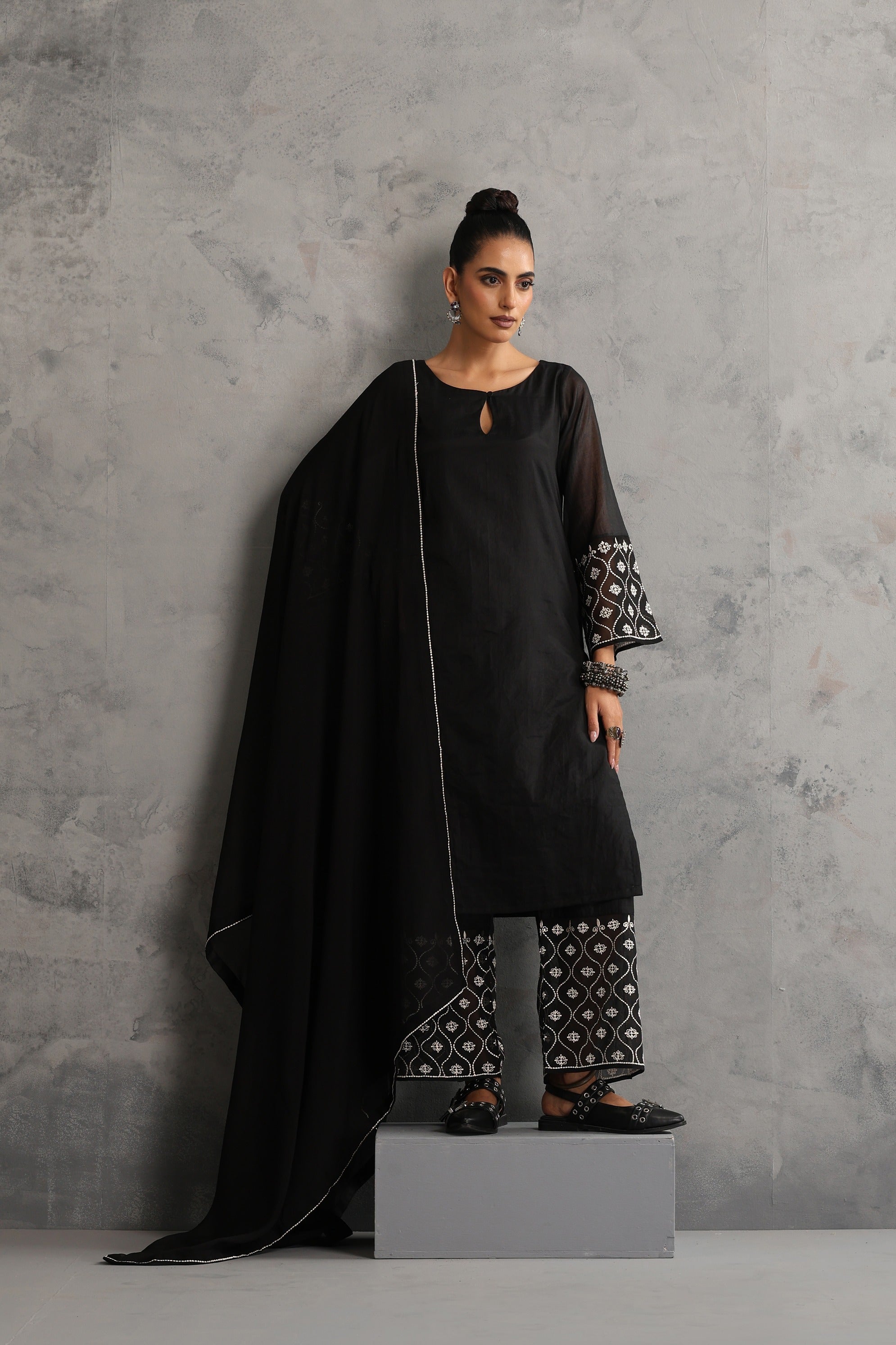Black Embroidered Kurta Set with Dupatta