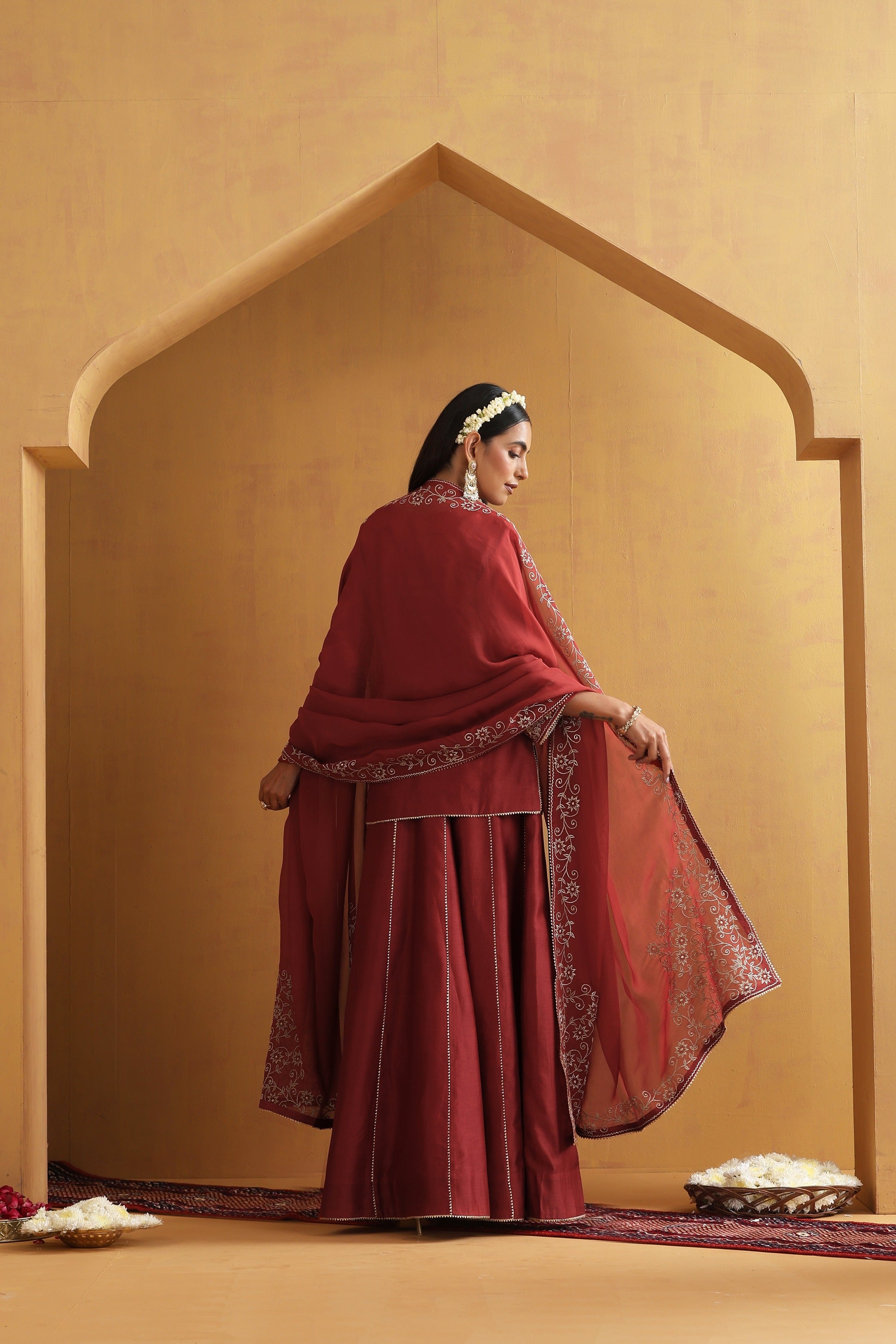 Rust Embroidered Lehenga Set with Dupatta