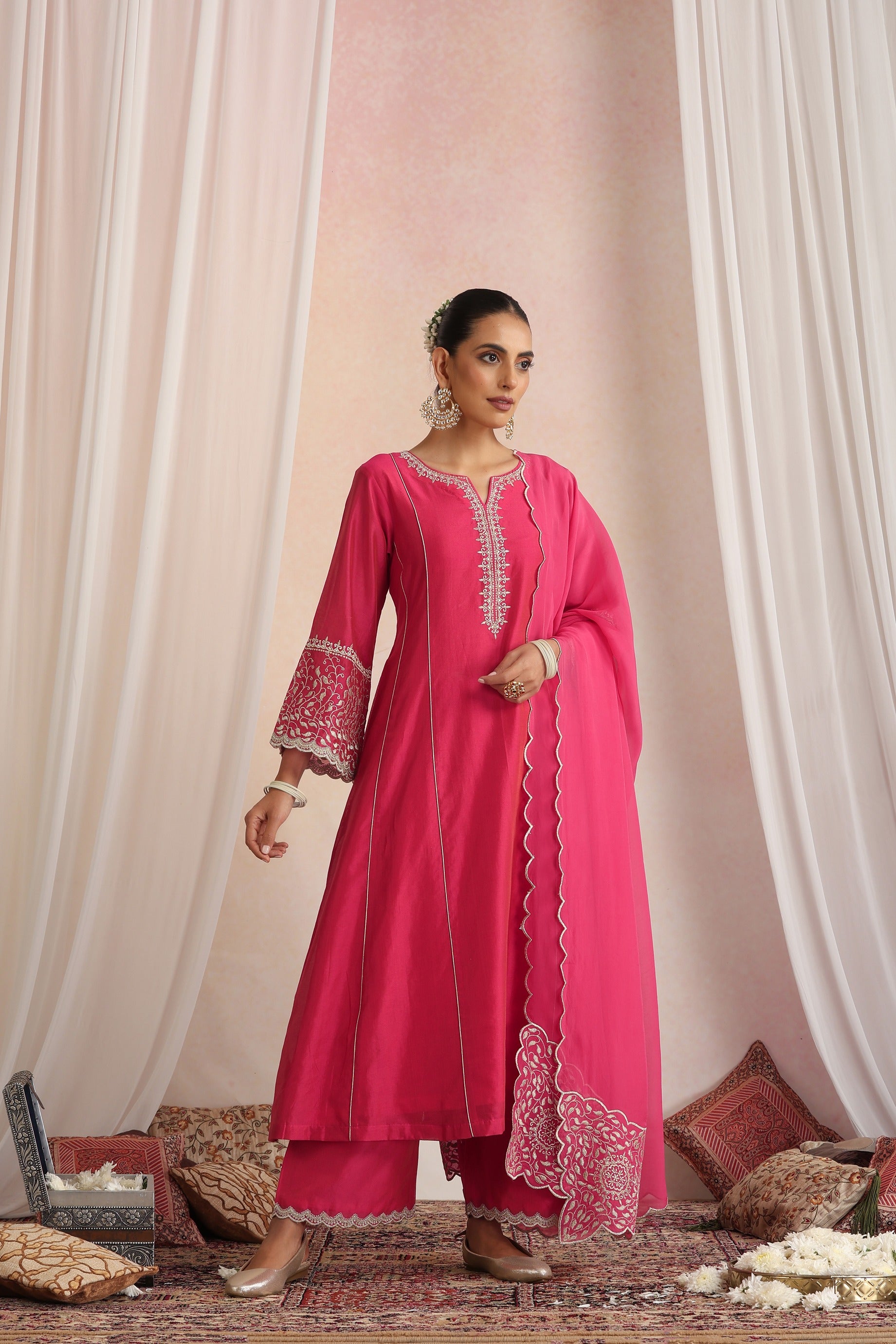Magenta Embroidered Kurta Set with Dupatta
