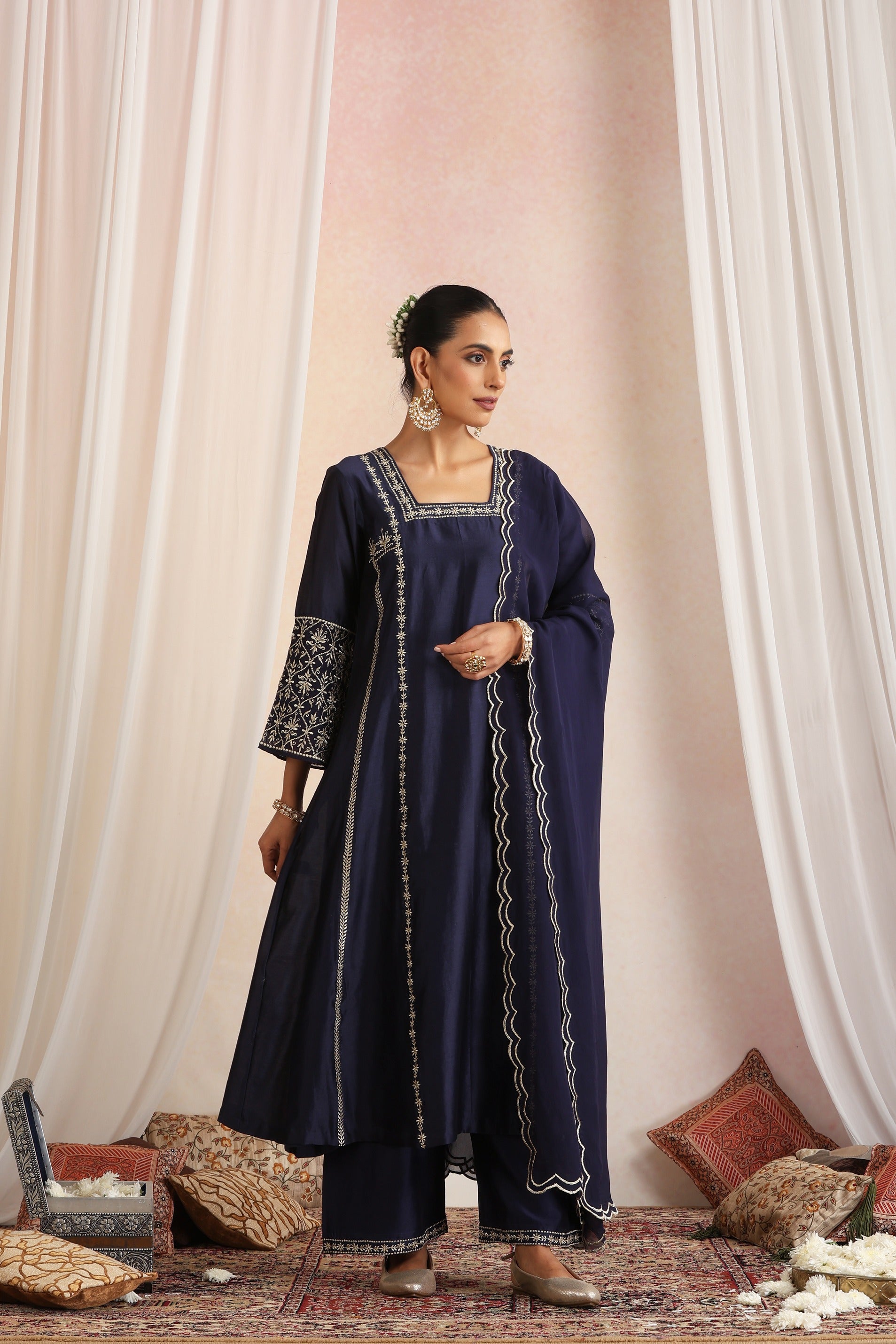 Navy Blue Embroidered Kurta Set with Dupatta
