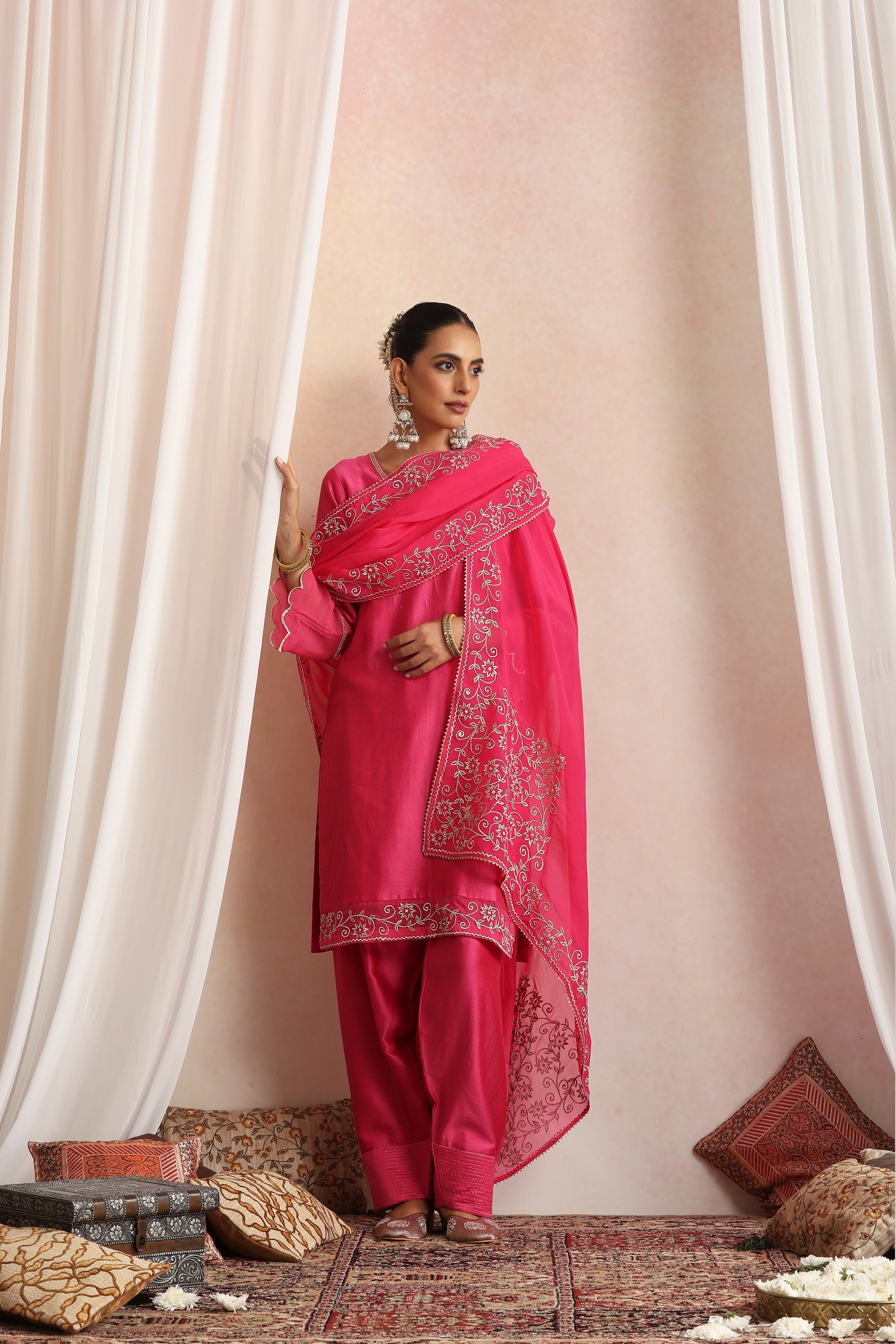 Magenta Embroidered Kurta Set with Dupatta