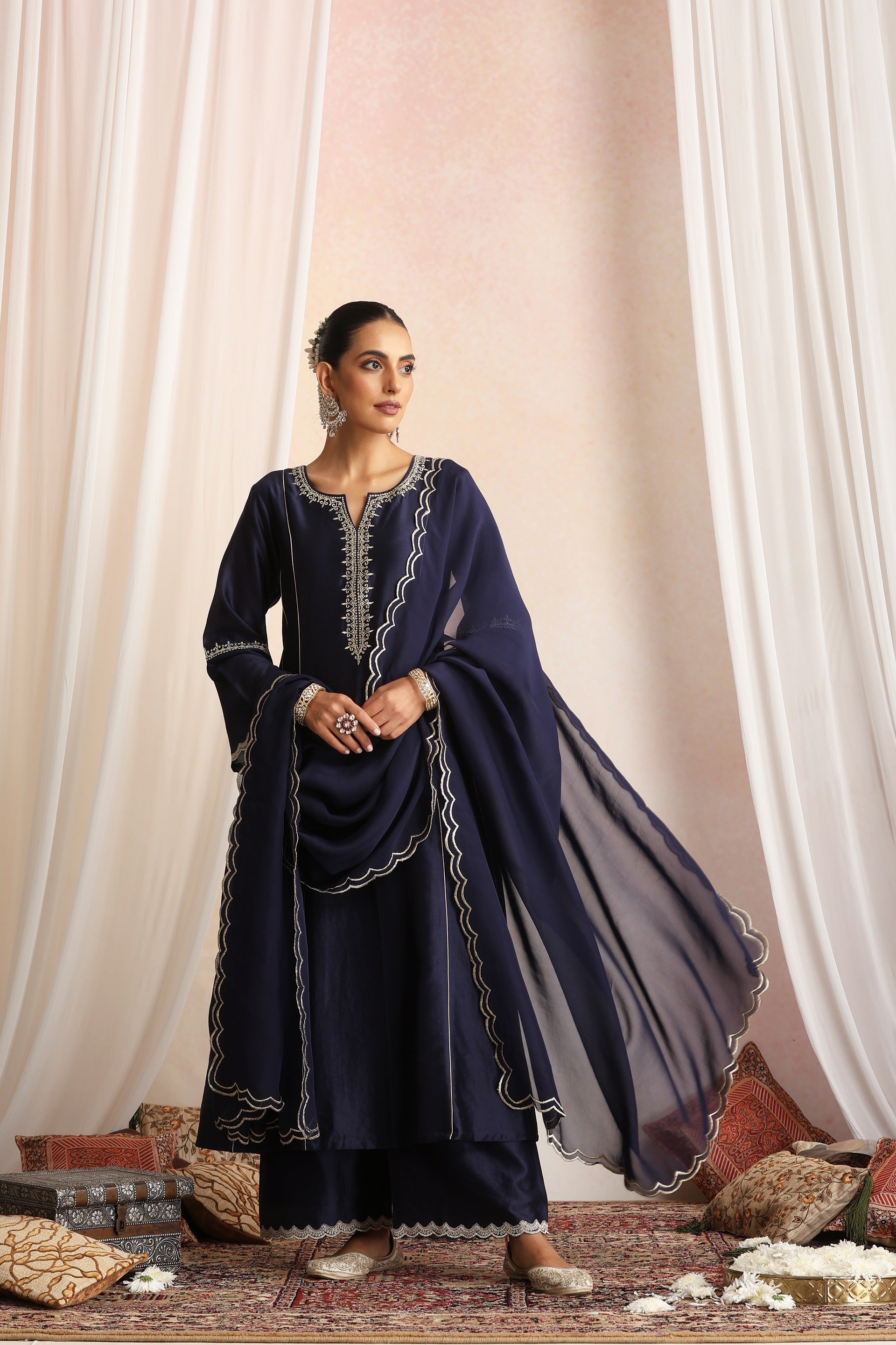 Navy Blue Embroidered Kurta Set with Dupatta