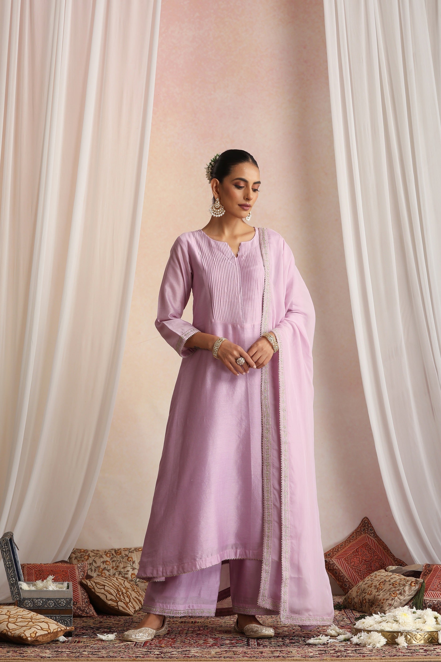 Lavender Embroidered Kurta Set with Dupatta