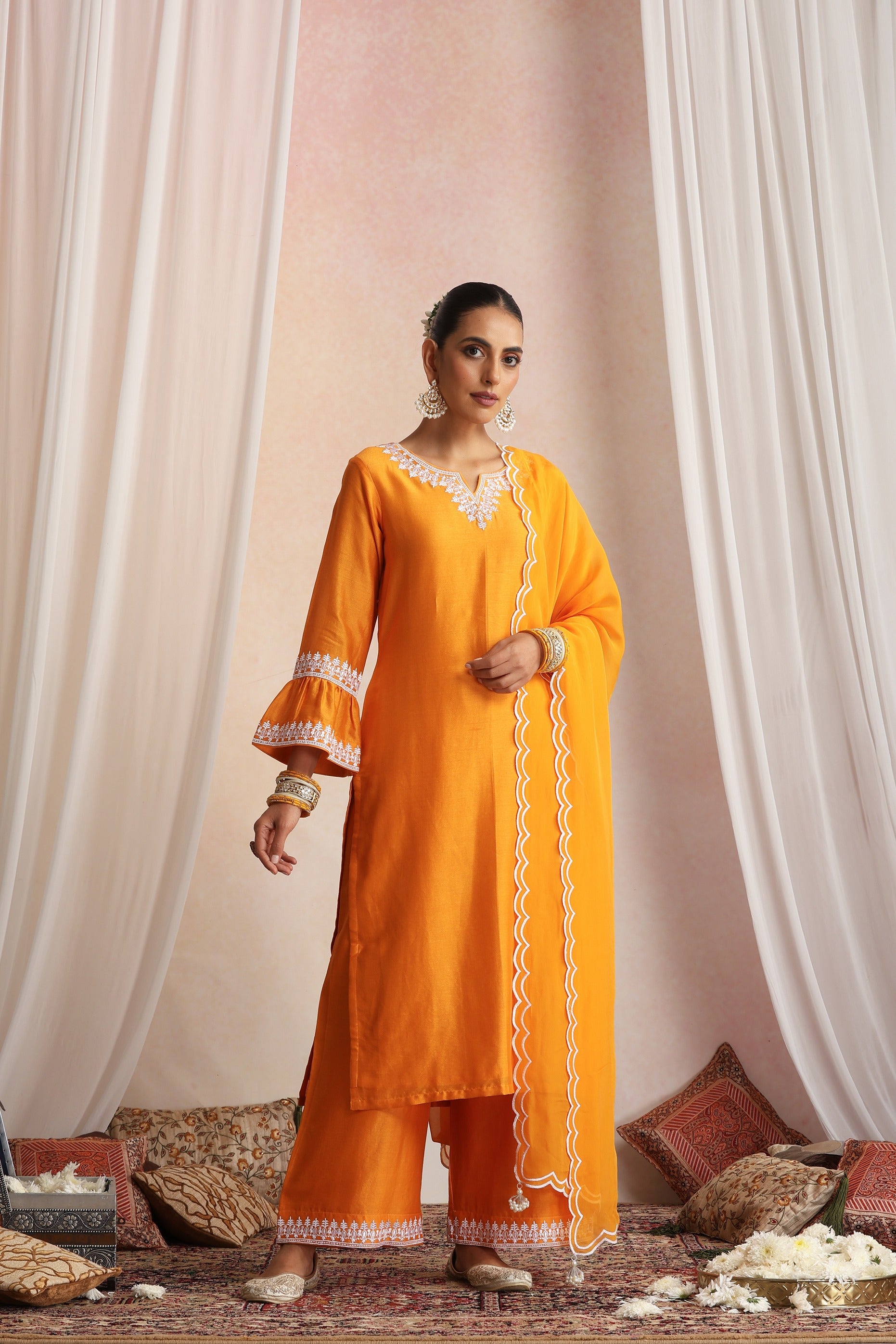 Orange Embroidered Kurta Set with Dupatta
