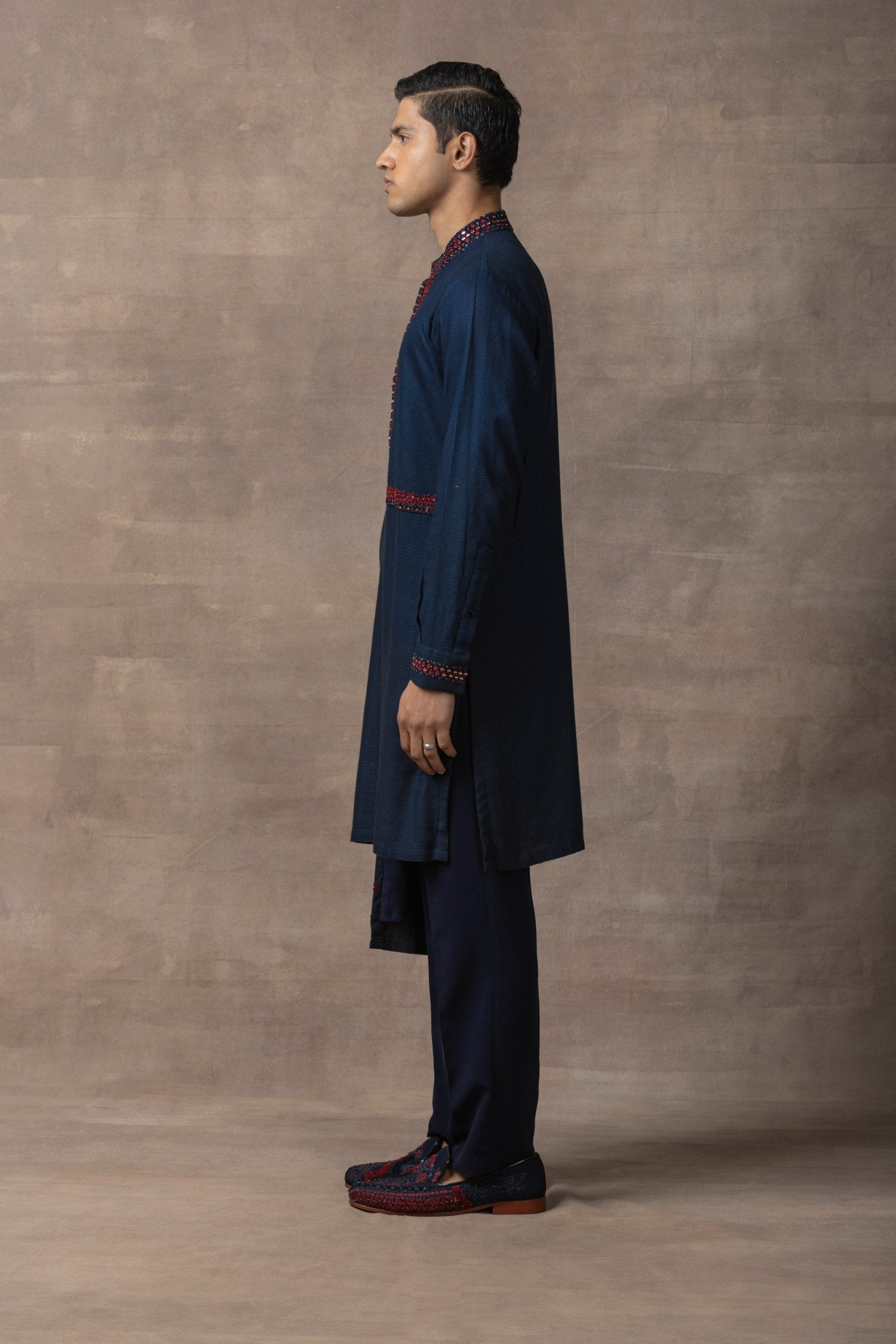 Navy Panel & Red Thread Work Kurta Set