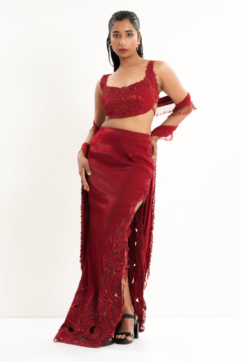Red Cutwork Saree-Skirt