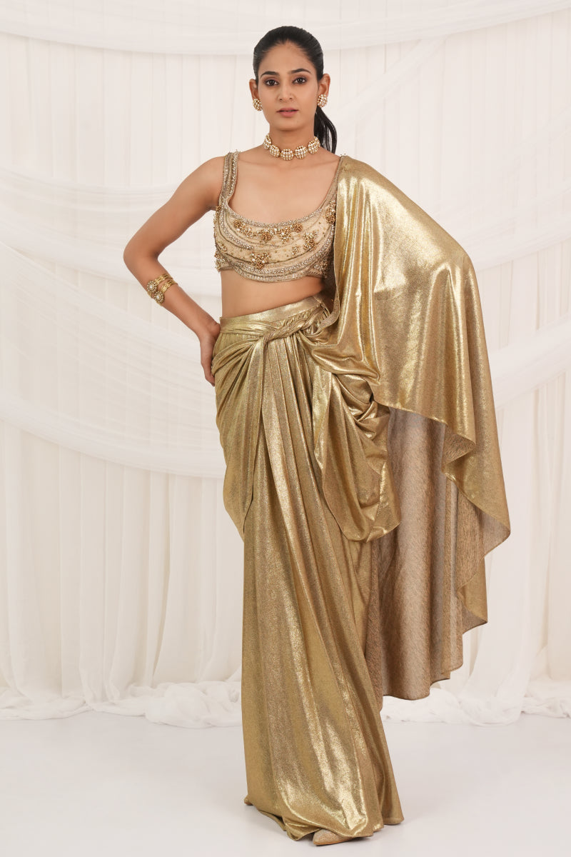 Gold Knotted Saree With Pearl Blouse