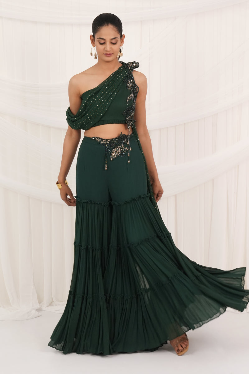 Emerald Green Layer Palazzo With Draped Top