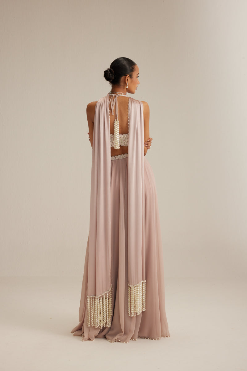 Ash Pink Georgette Skirt with Halter neck Blouse and stole