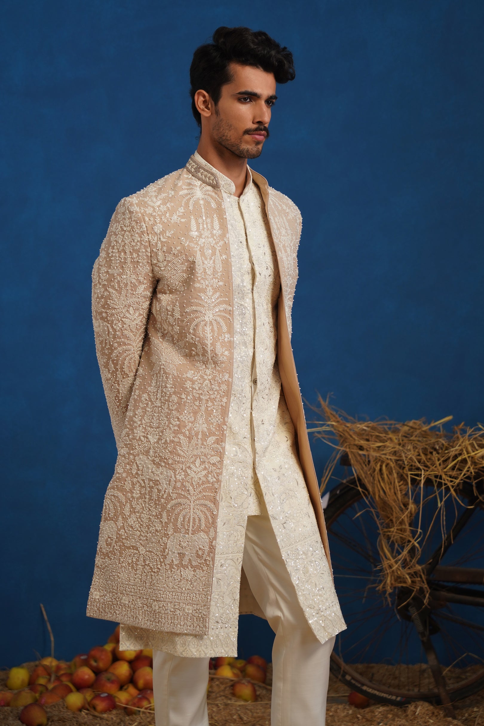 ZORAWAR CUTDANA BEIGE SHERWANI SET