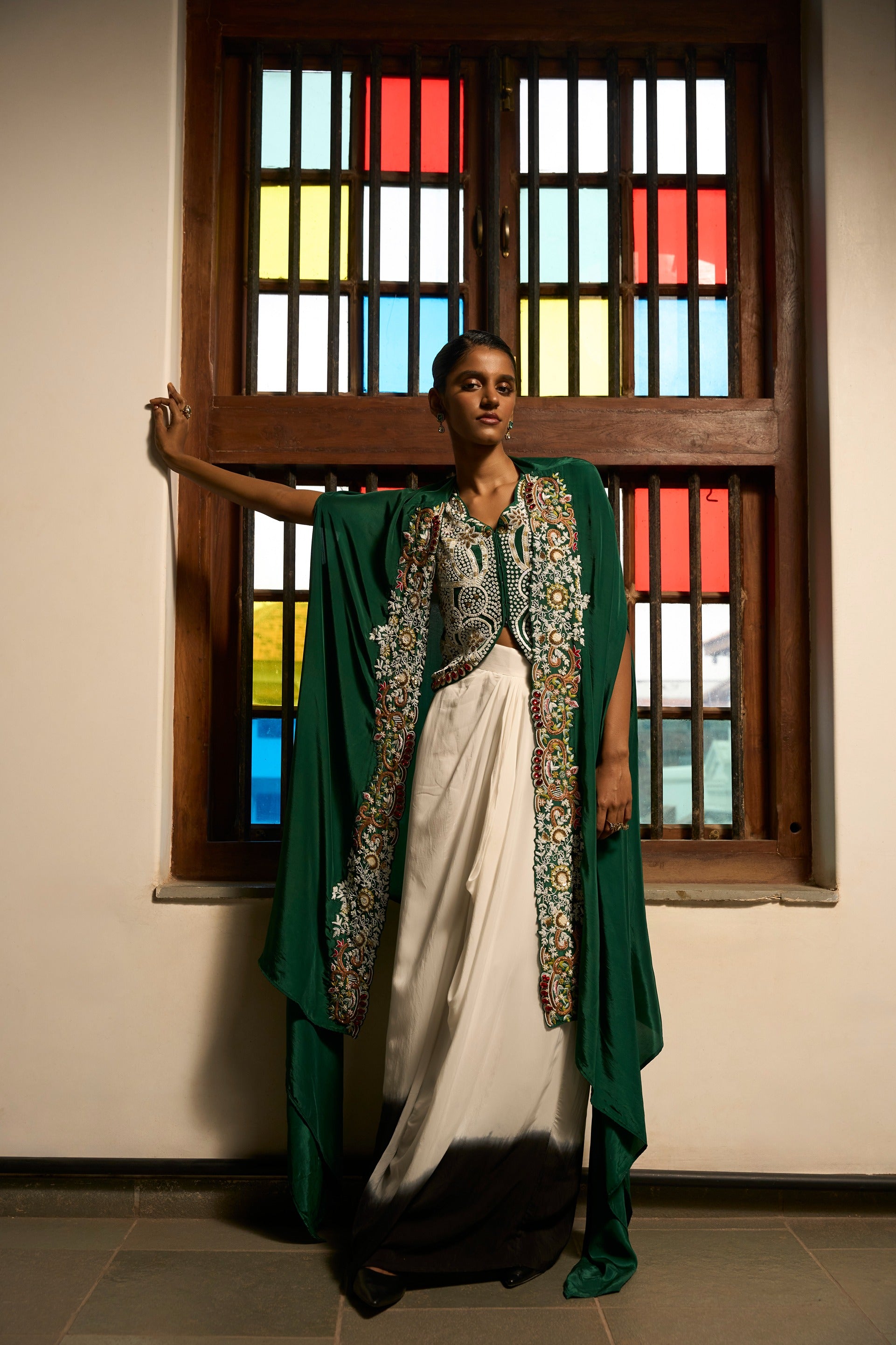 Emerald Whispers Ensemble Shrug And Skirt Set