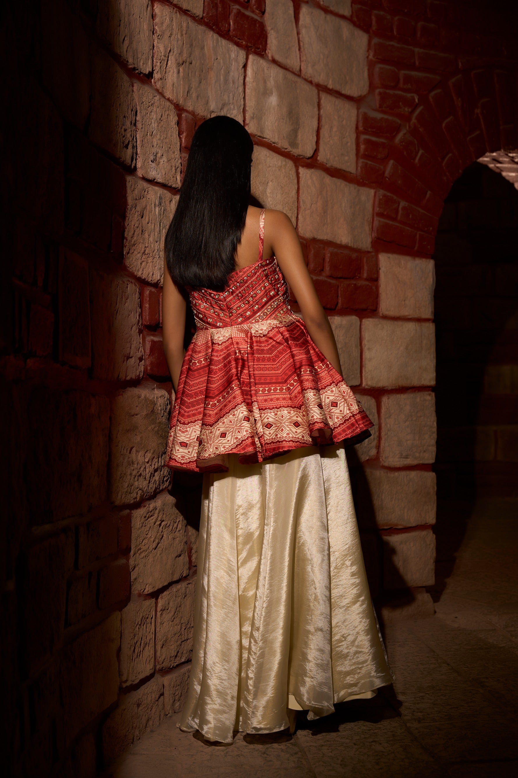 Scarlet Peplum Top With Flared Bottom Elegance