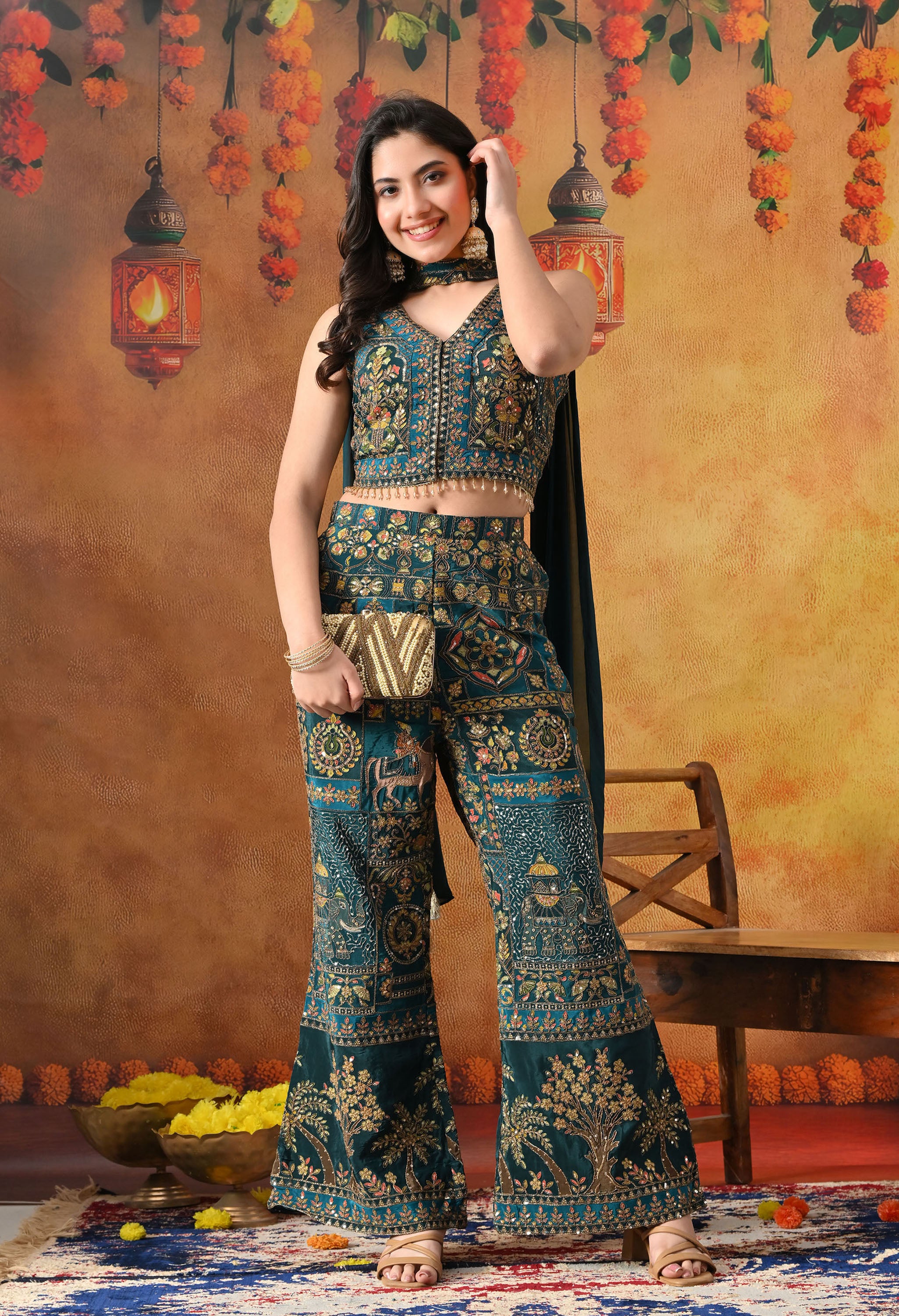 Sea Blue Crepe Indo Western Set