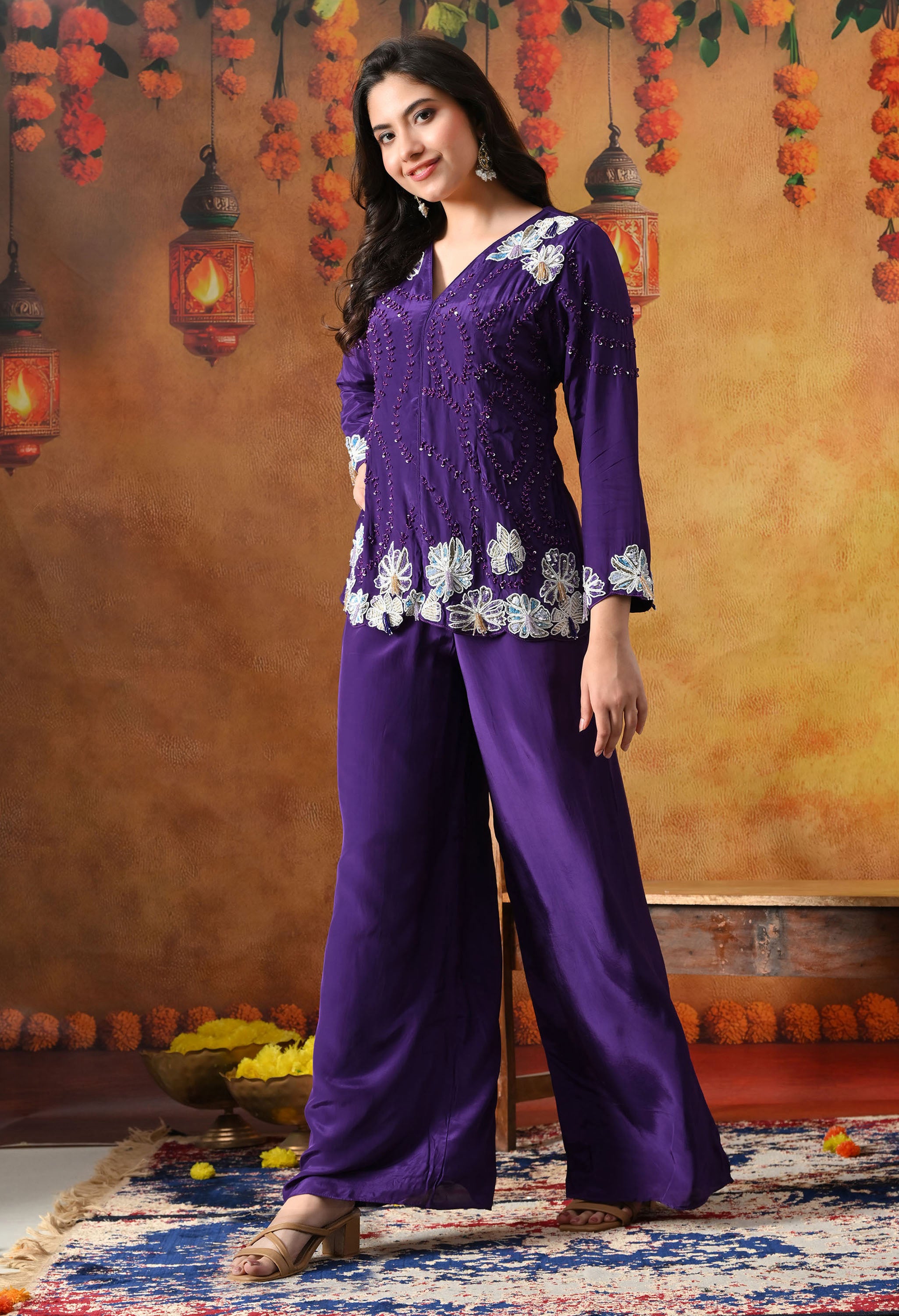Chic Purple Indo Western Set In Crepe