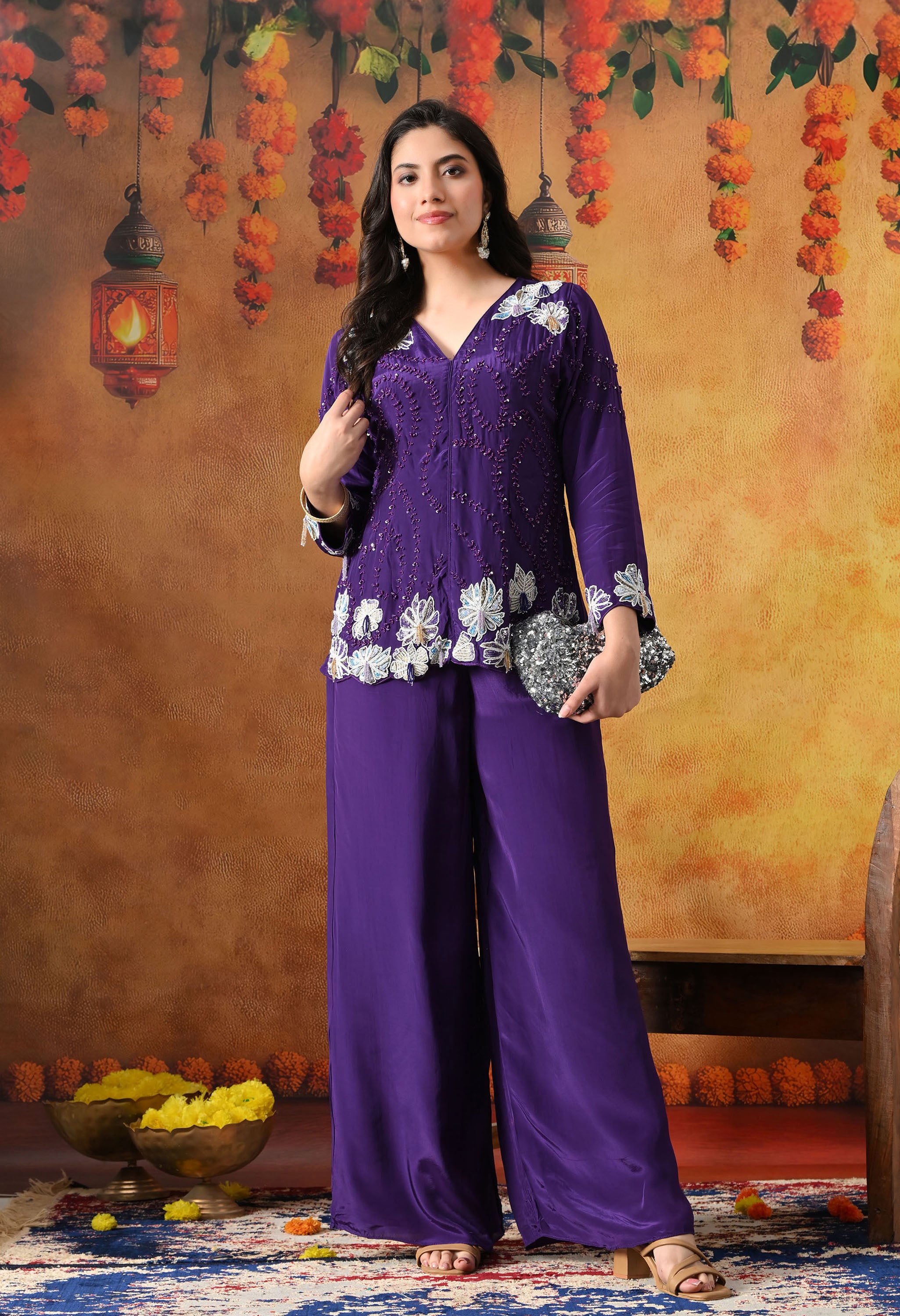 Chic Purple Indo Western Set In Crepe