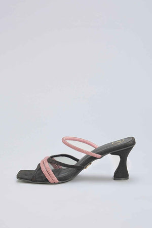 Black Vegan Leather Pink Rhinestone Embellished Square-Shaped Heels
