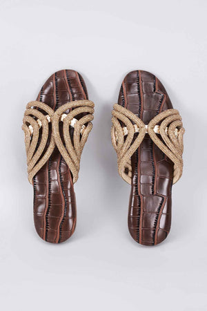Brown Synthetic & Vegan Diamond Rhinestone Embellished Crocs Flats