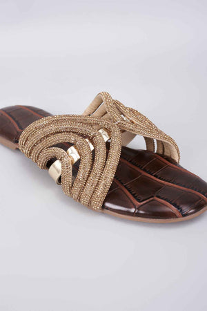 Brown Synthetic & Vegan Diamond Rhinestone Embellished Crocs Flats
