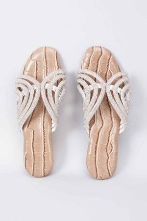 Beige Synthetic & Vegan Rhinestone Embellished Crocs Flats